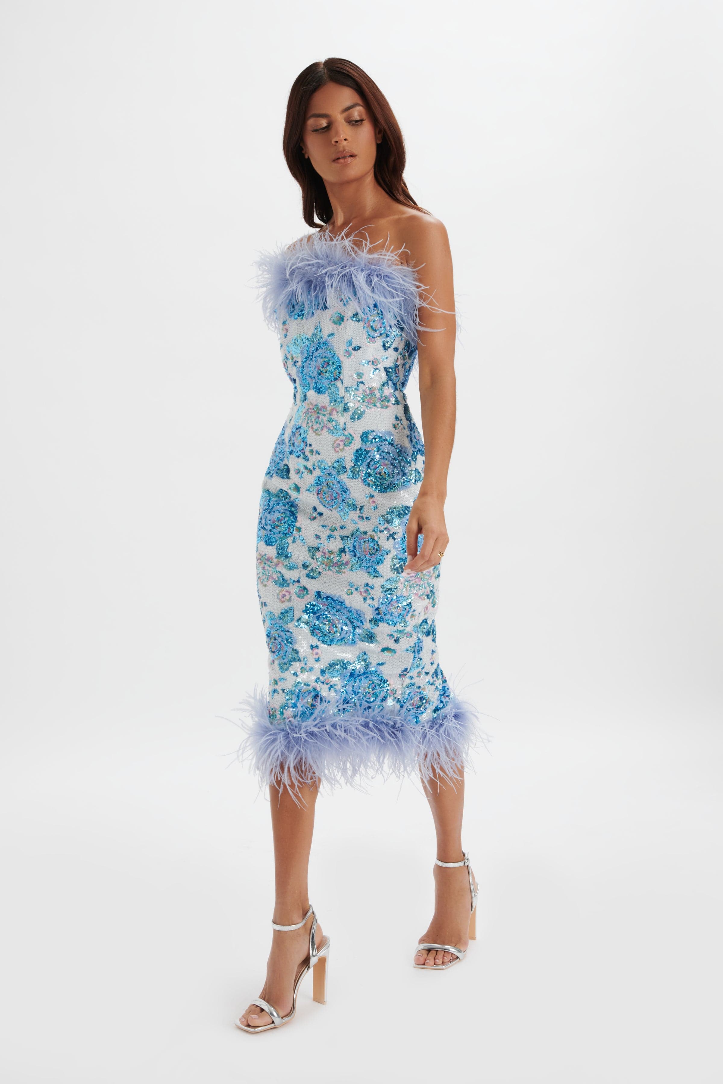 SAMI Feather Bandeau Midi Dress in White and Blue Rose Sequin