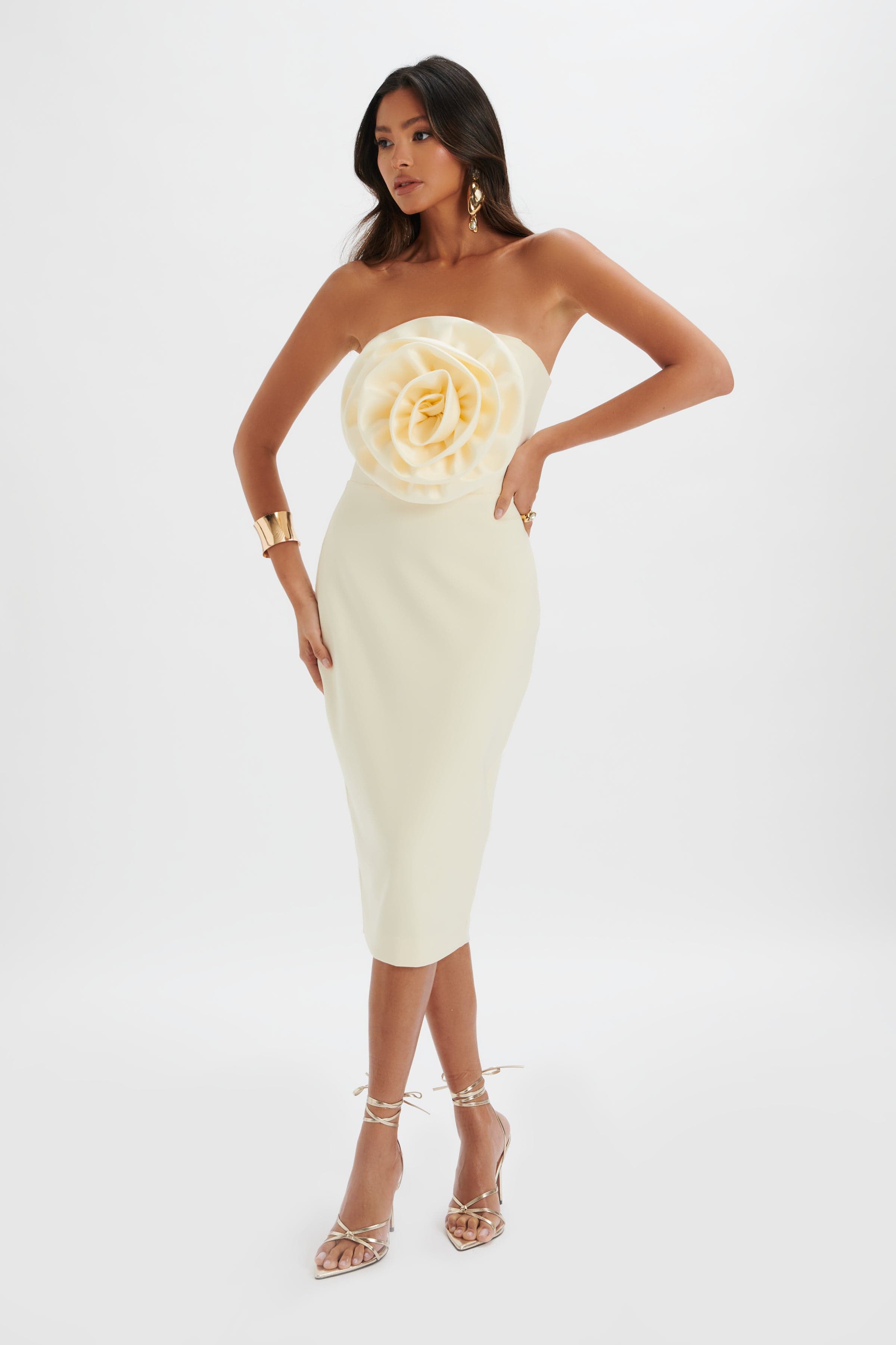 BELLE 3D Flower Bandeau Midi Dress in Champagne