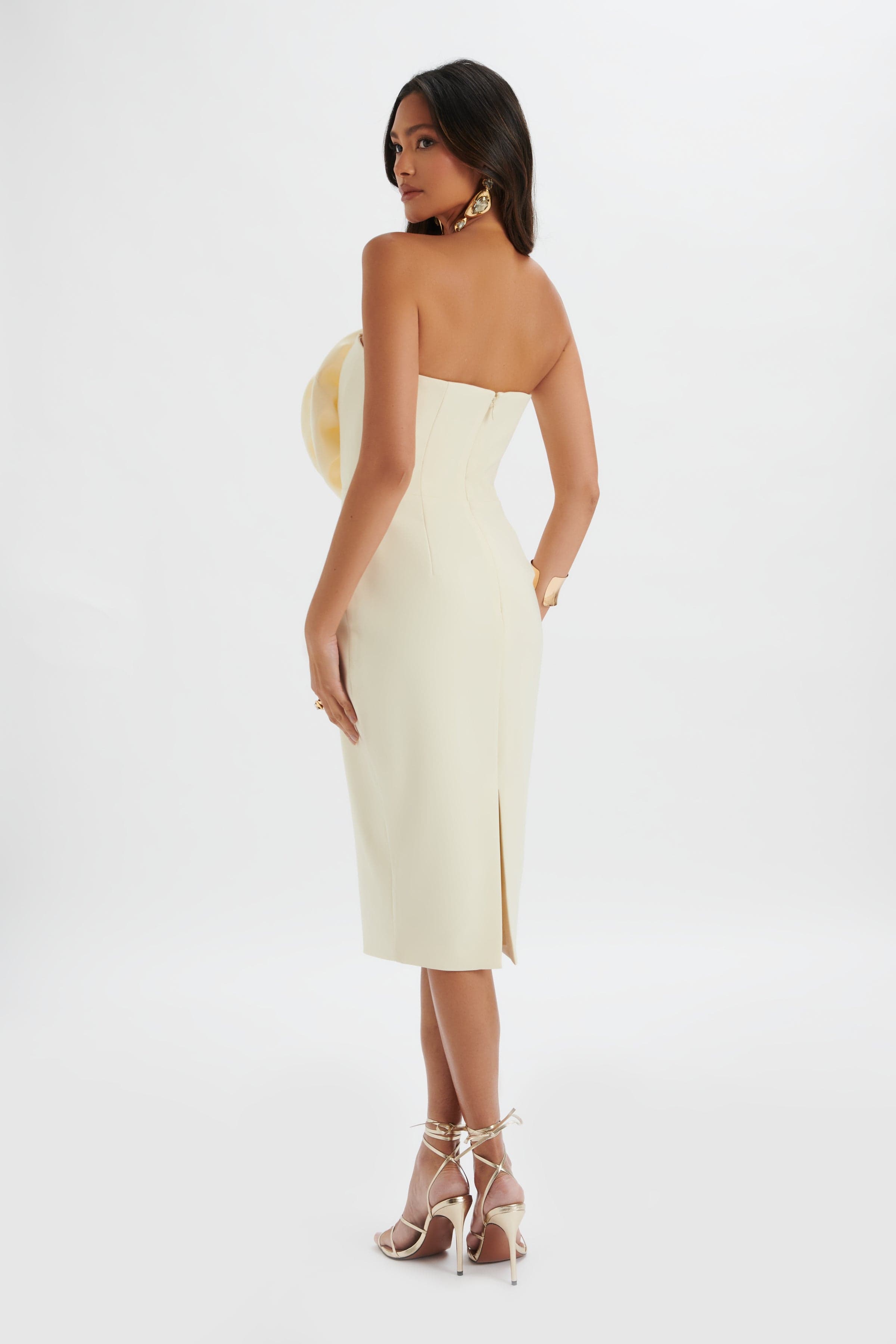 BELLE 3D Flower Bandeau Midi Dress in Champagne