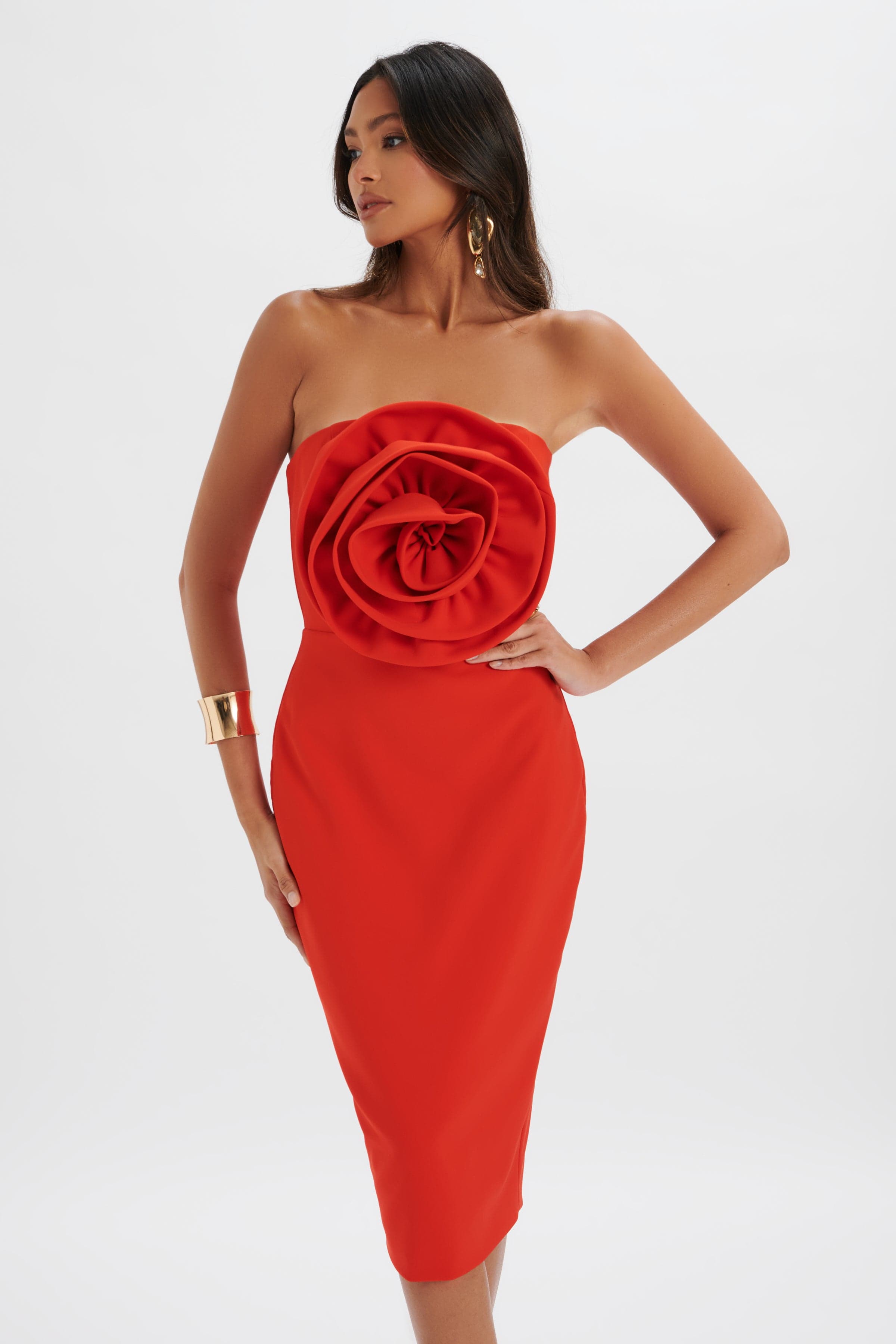 BELLE 3D Flower Bandeau Midi Dress in Red
