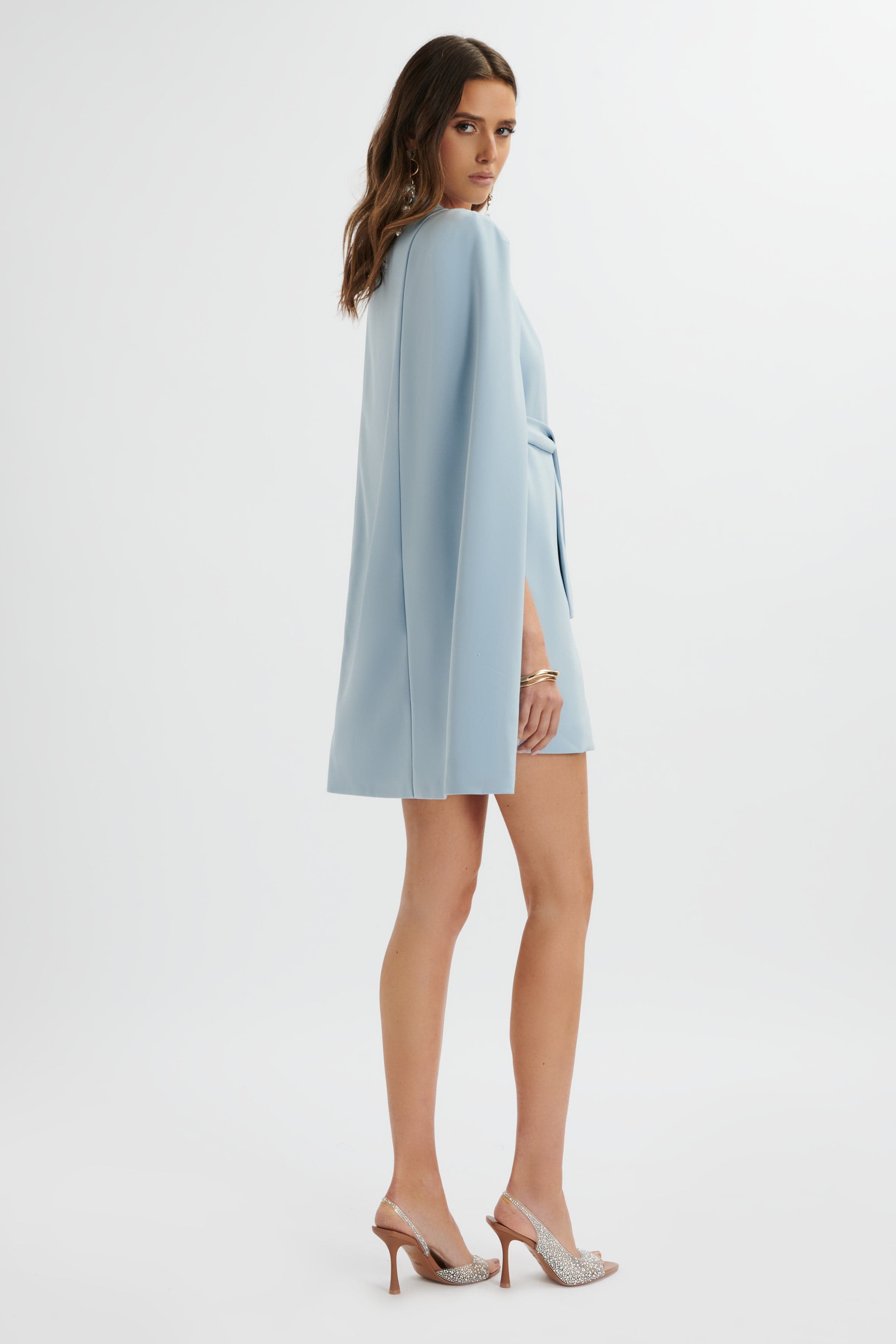 TIFFANY Belted Cape Blazer Mini Dress In Blue