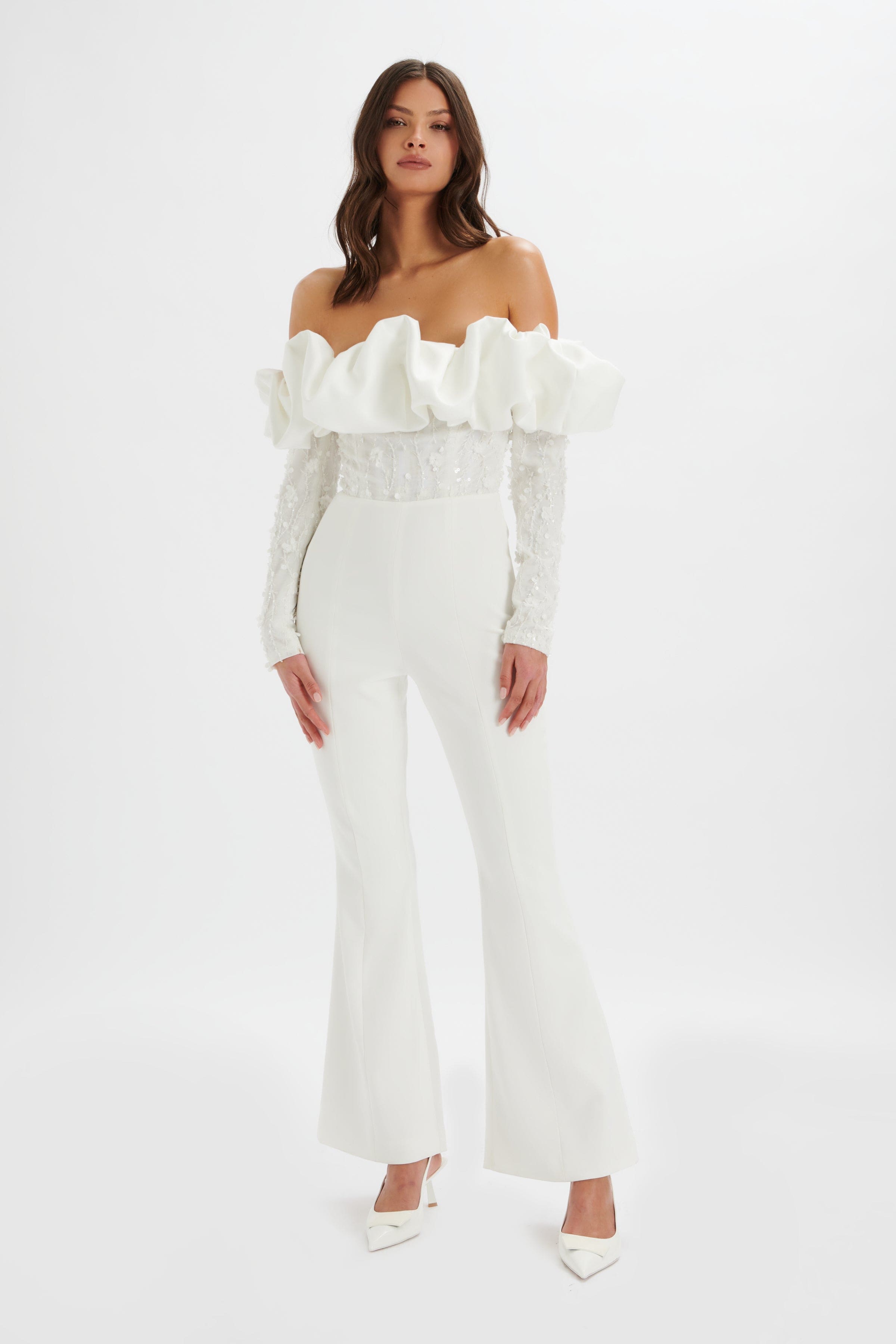 TALLULAH 3D Embroidered Satin Puff Jumpsuit in White