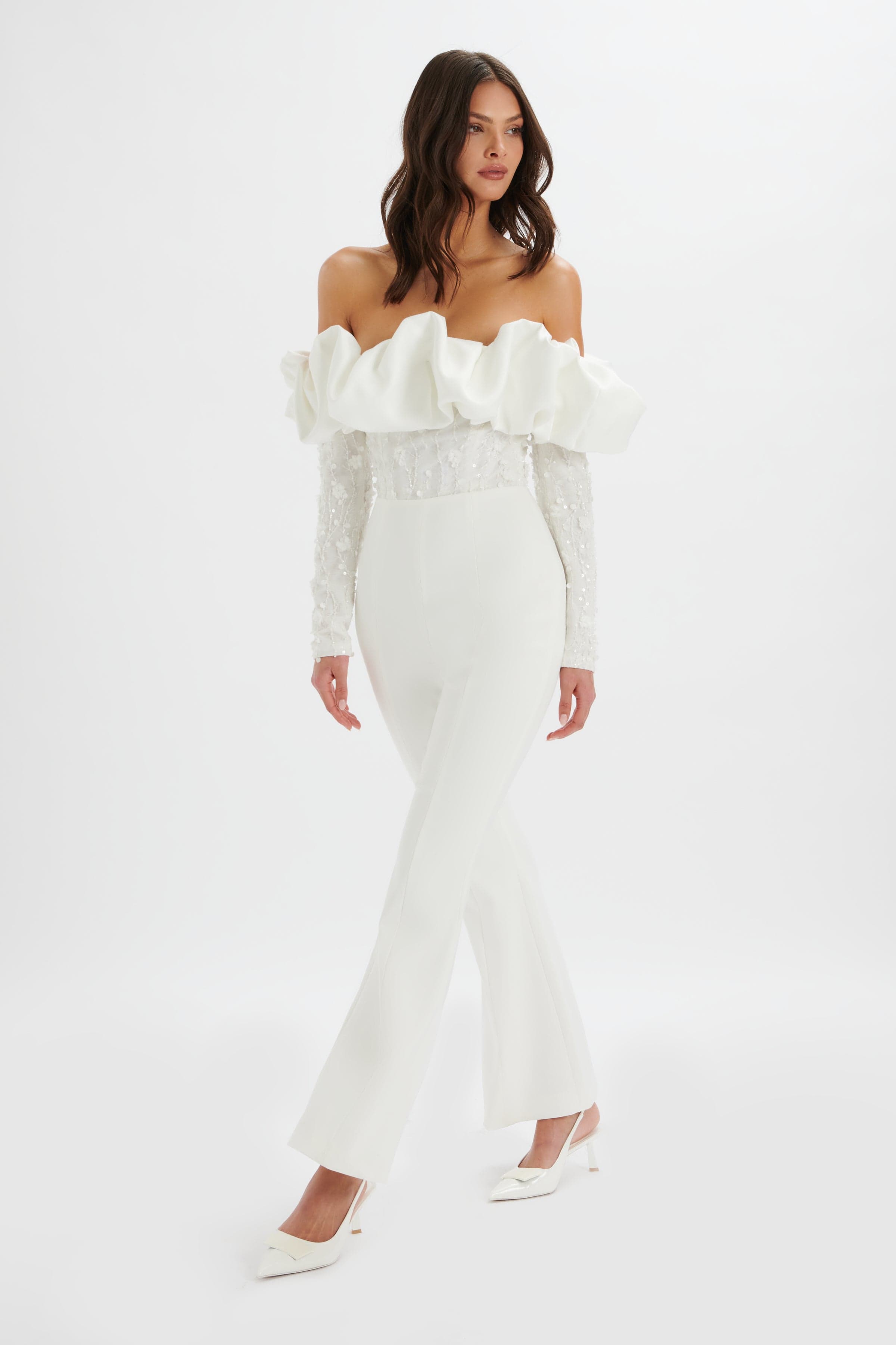 TALLULAH 3D Embroidered Satin Puff Jumpsuit in White