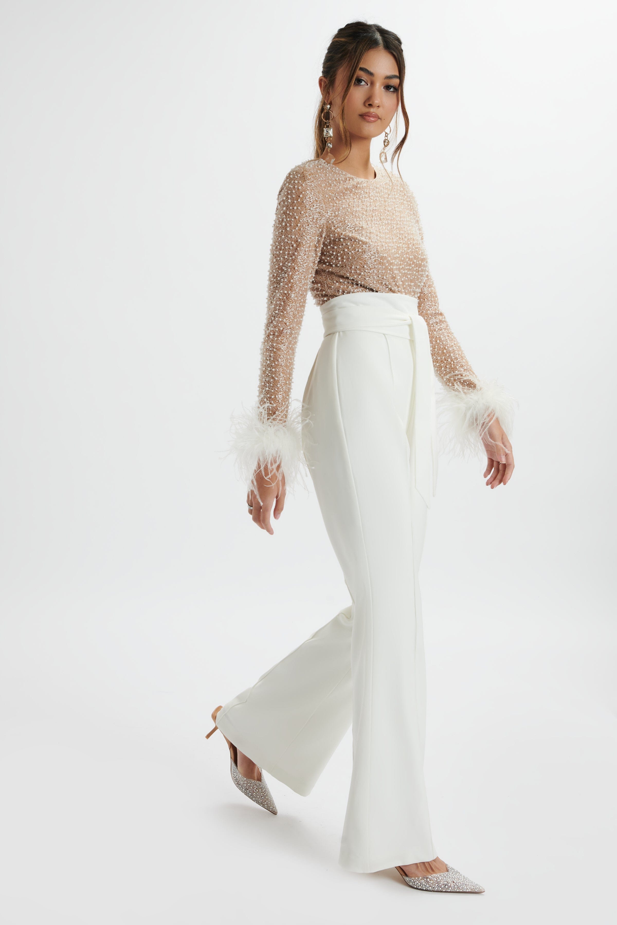 RAISA Pearl Embellished Feather Cuff Jumpsuit In White