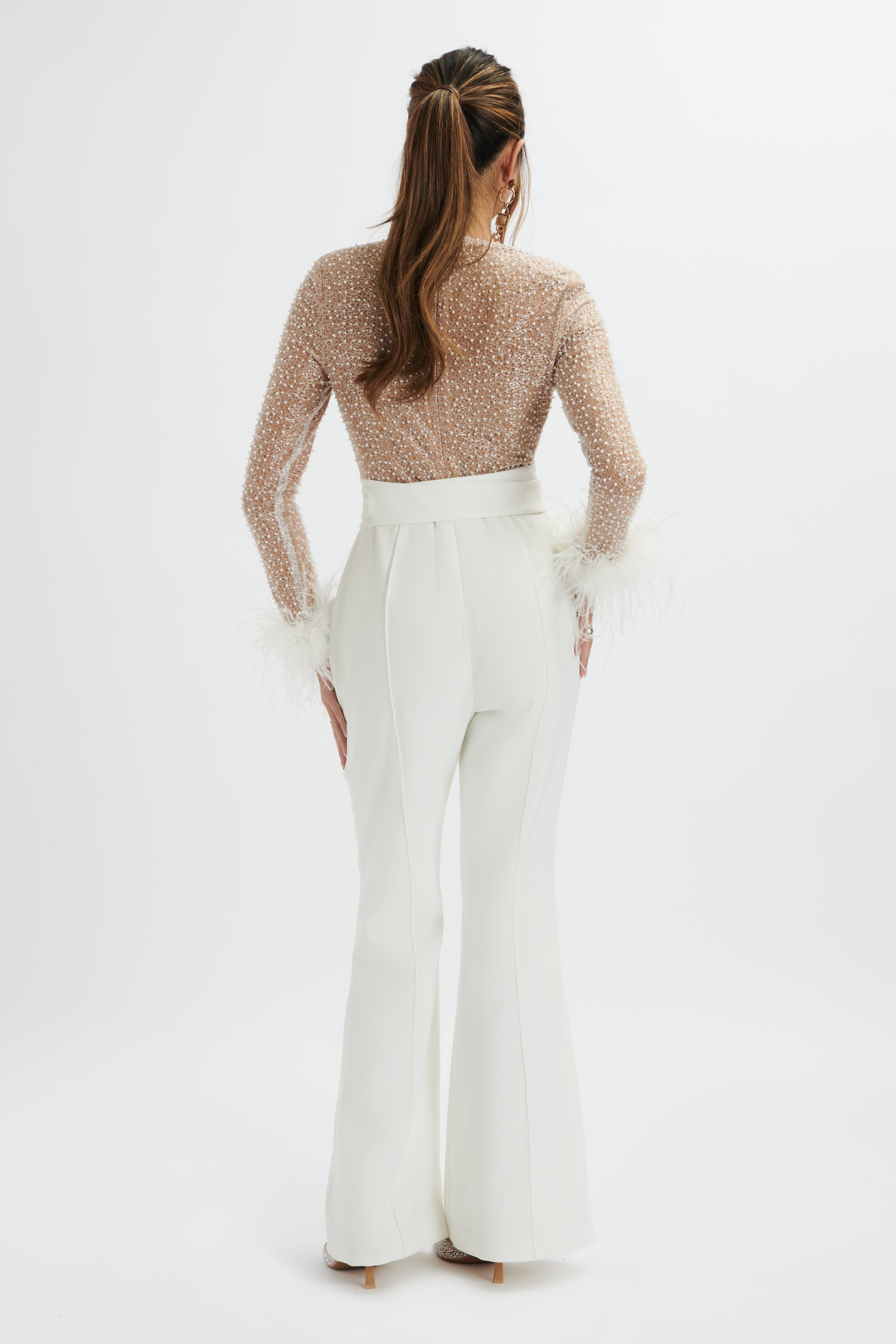 RAISA Pearl Embellished Feather Cuff Jumpsuit In White