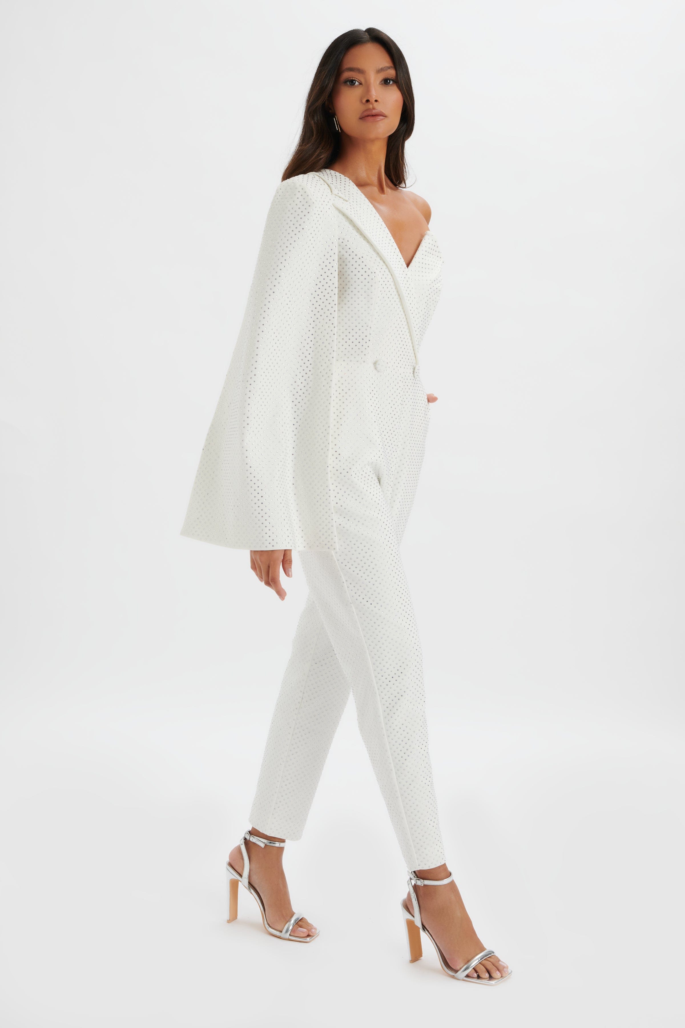 MISCHA Crystal Embellished One Shoulder Cape Jumpsuit in White