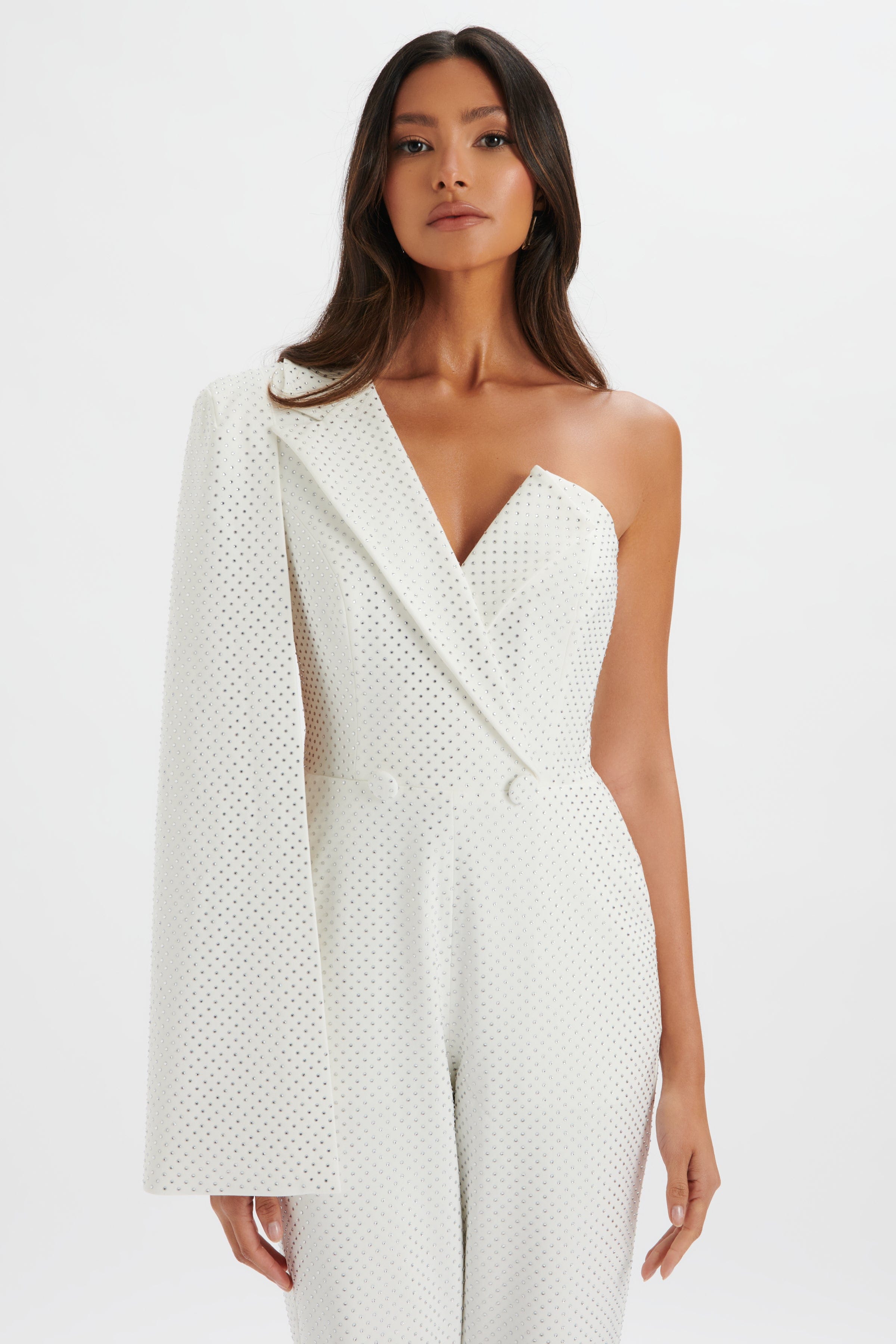 MISCHA Crystal Embellished One Shoulder Cape Jumpsuit in White