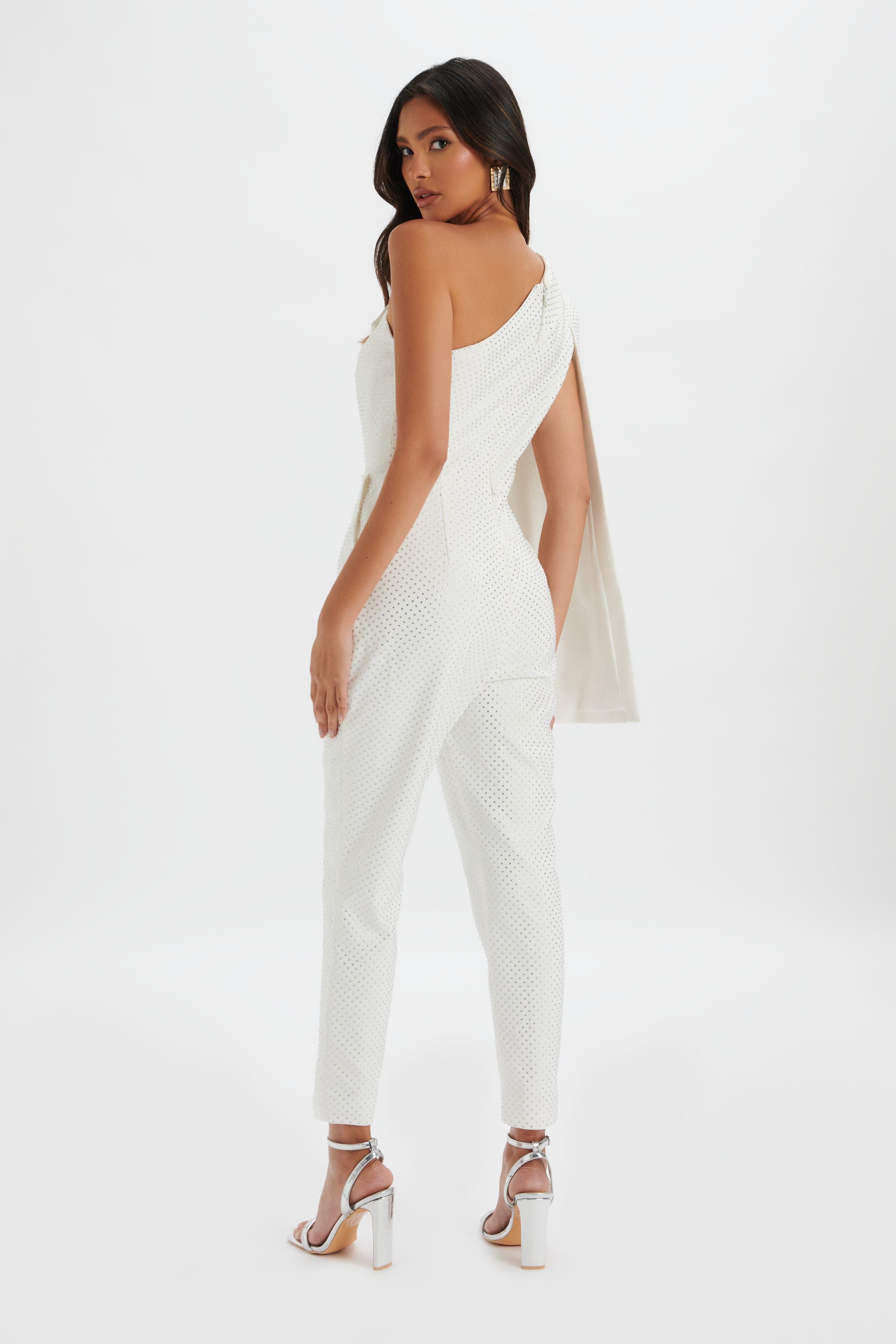 MISCHA Crystal Embellished One Shoulder Cape Jumpsuit in White
