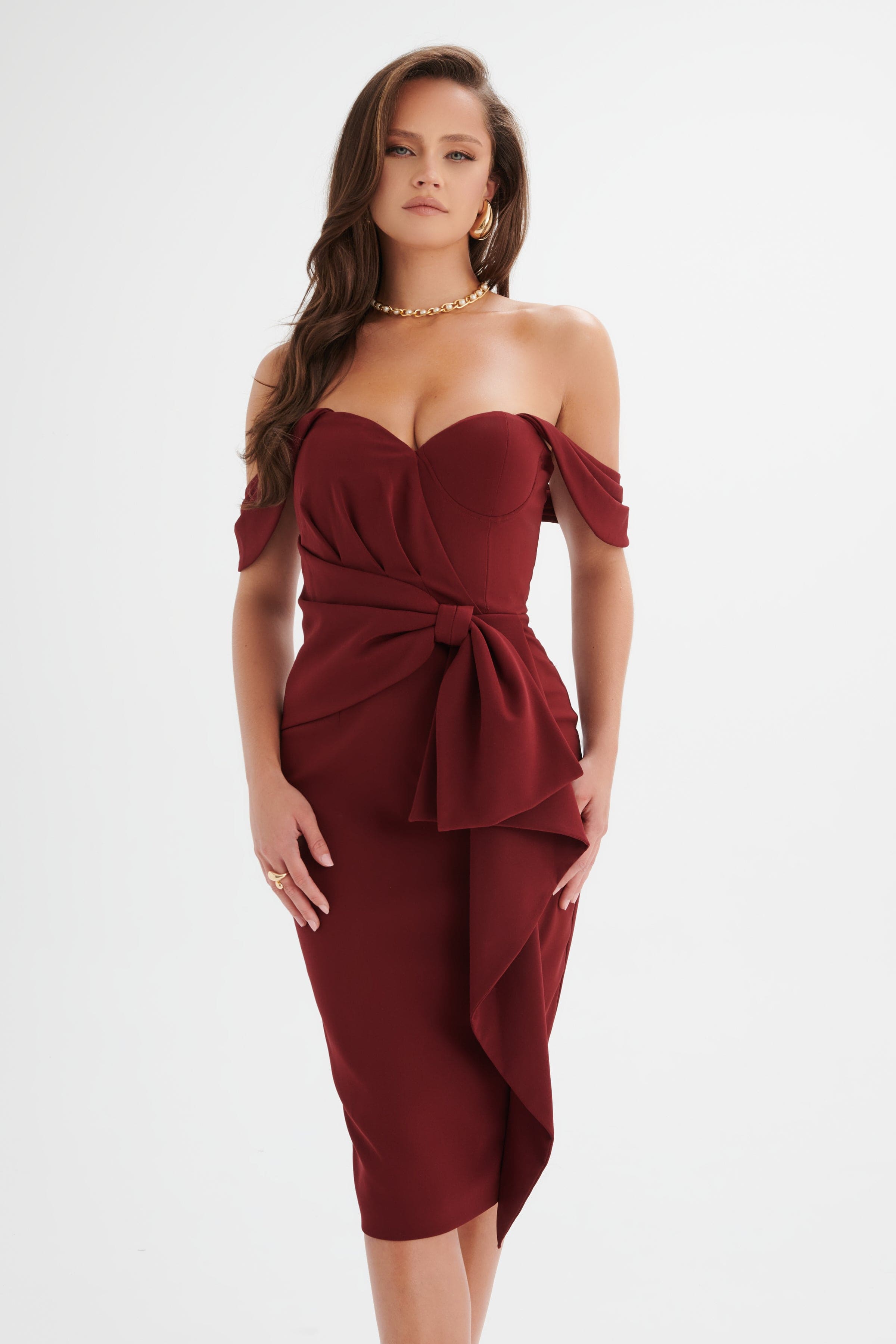 LORI Off Shoulder Bow Detail Midi Dress in Burgundy