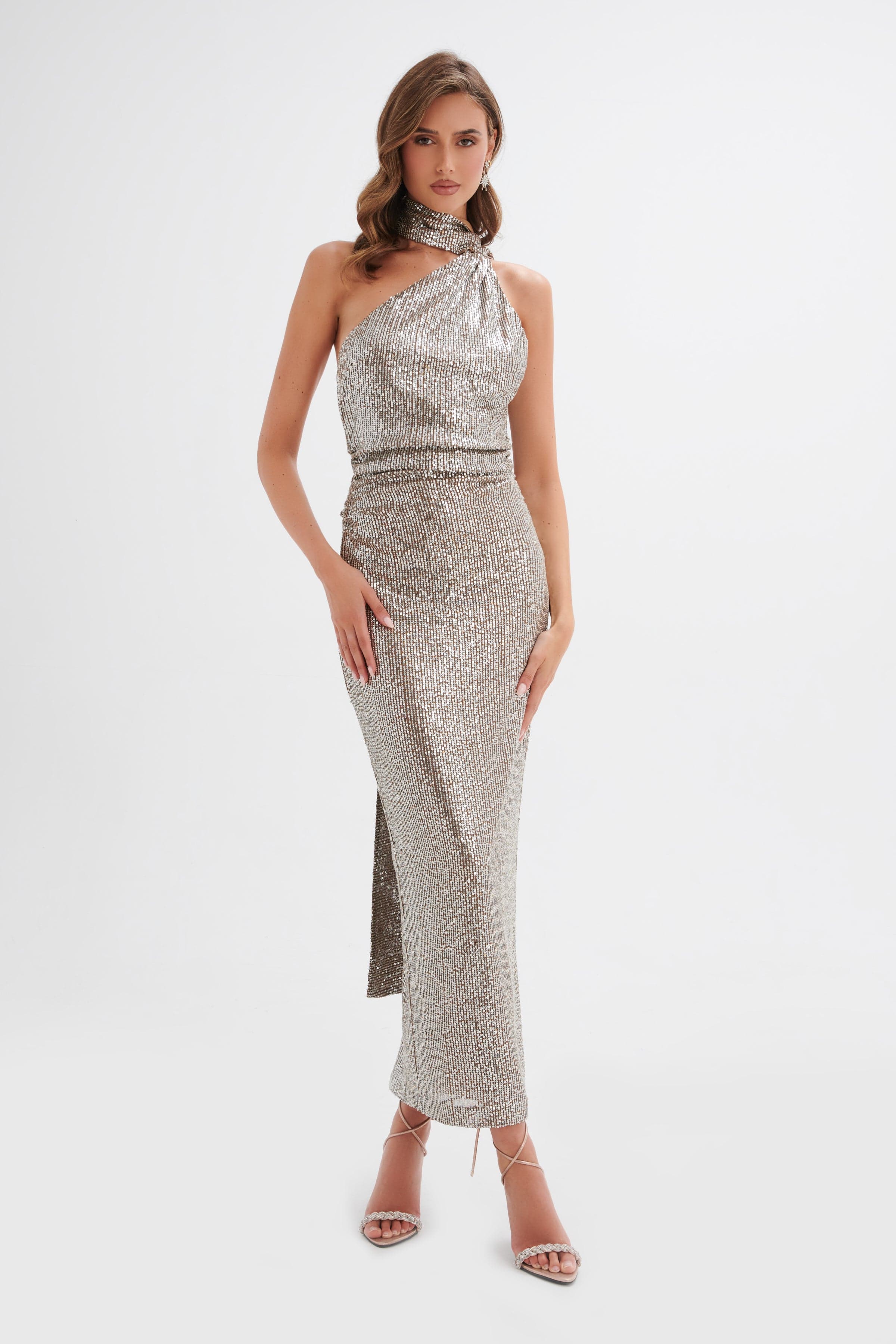 ALANNI Stretch Sequin Longline Scarf Maxi Dress in Silver
