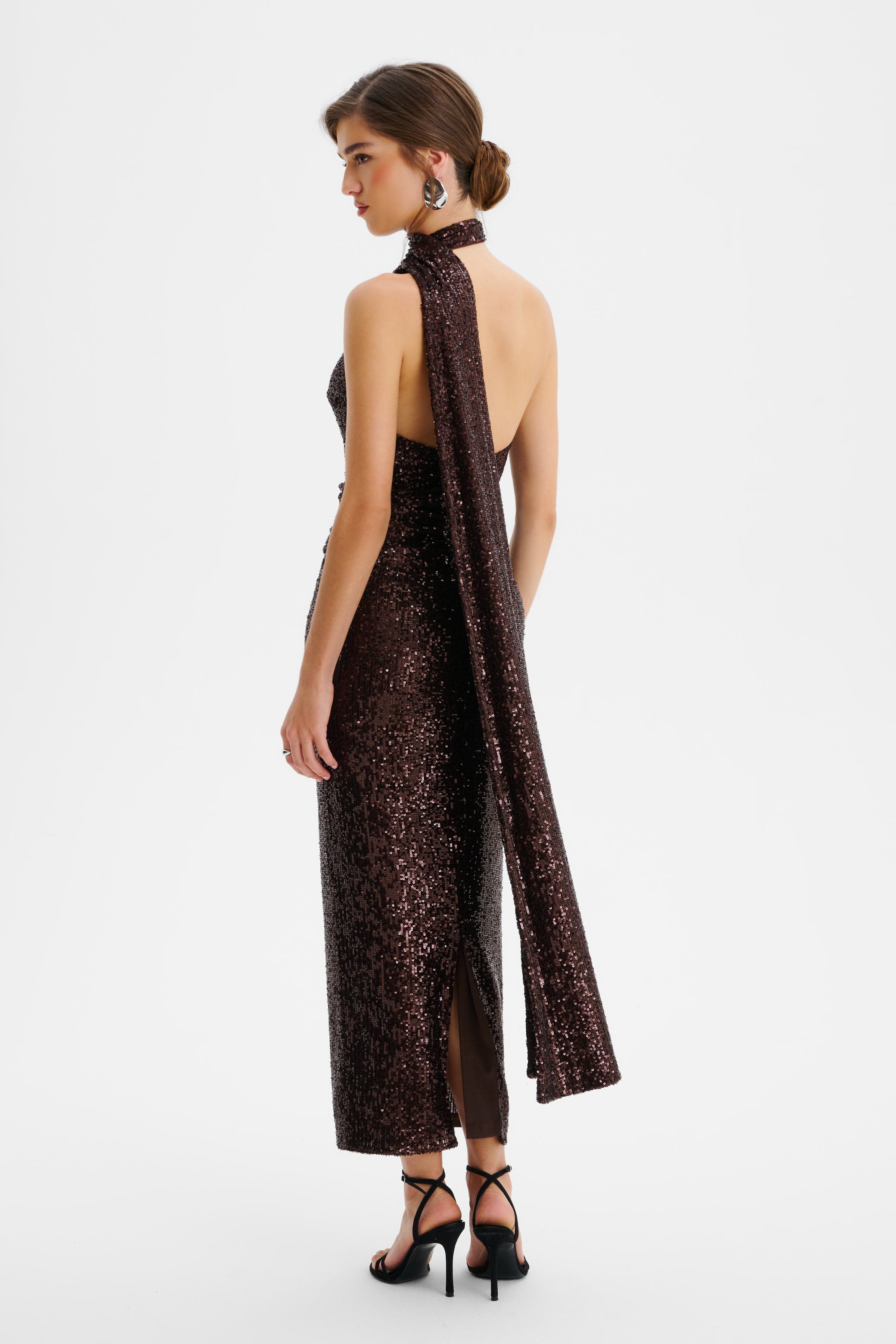 ALANNI Stretch Sequin Scarf Detail Longline Midi Dress In Chocolate