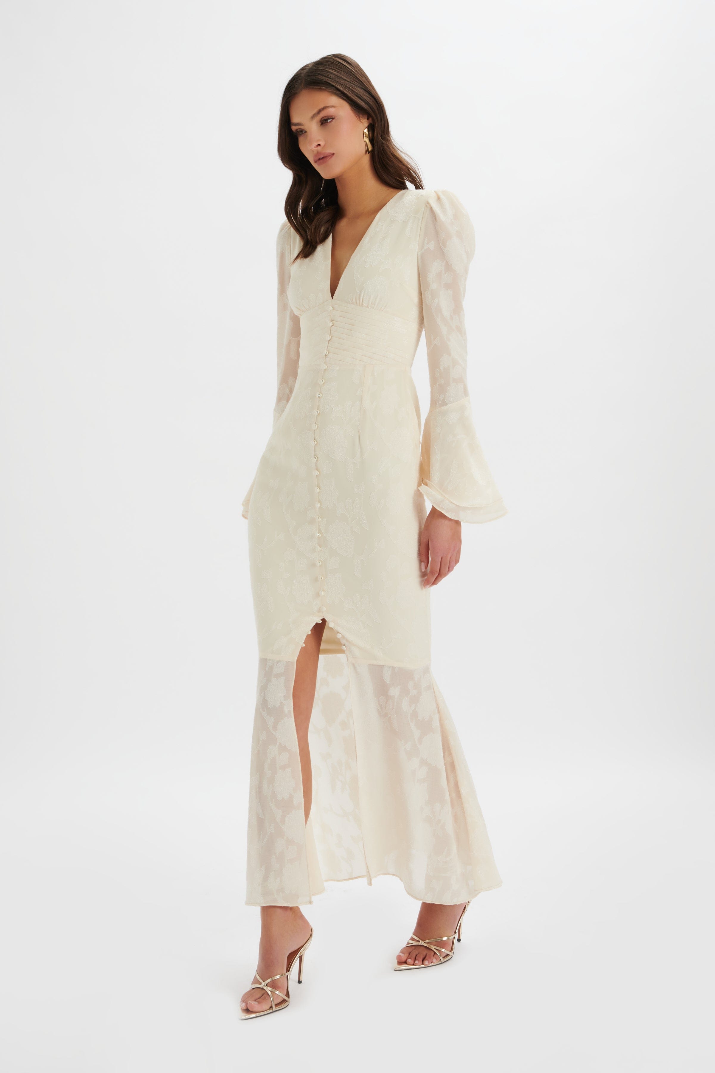 **PRE-ORDER** LAUREN Fluted Sleeve Maxi Dress In Cream Floral Textured Chiffon