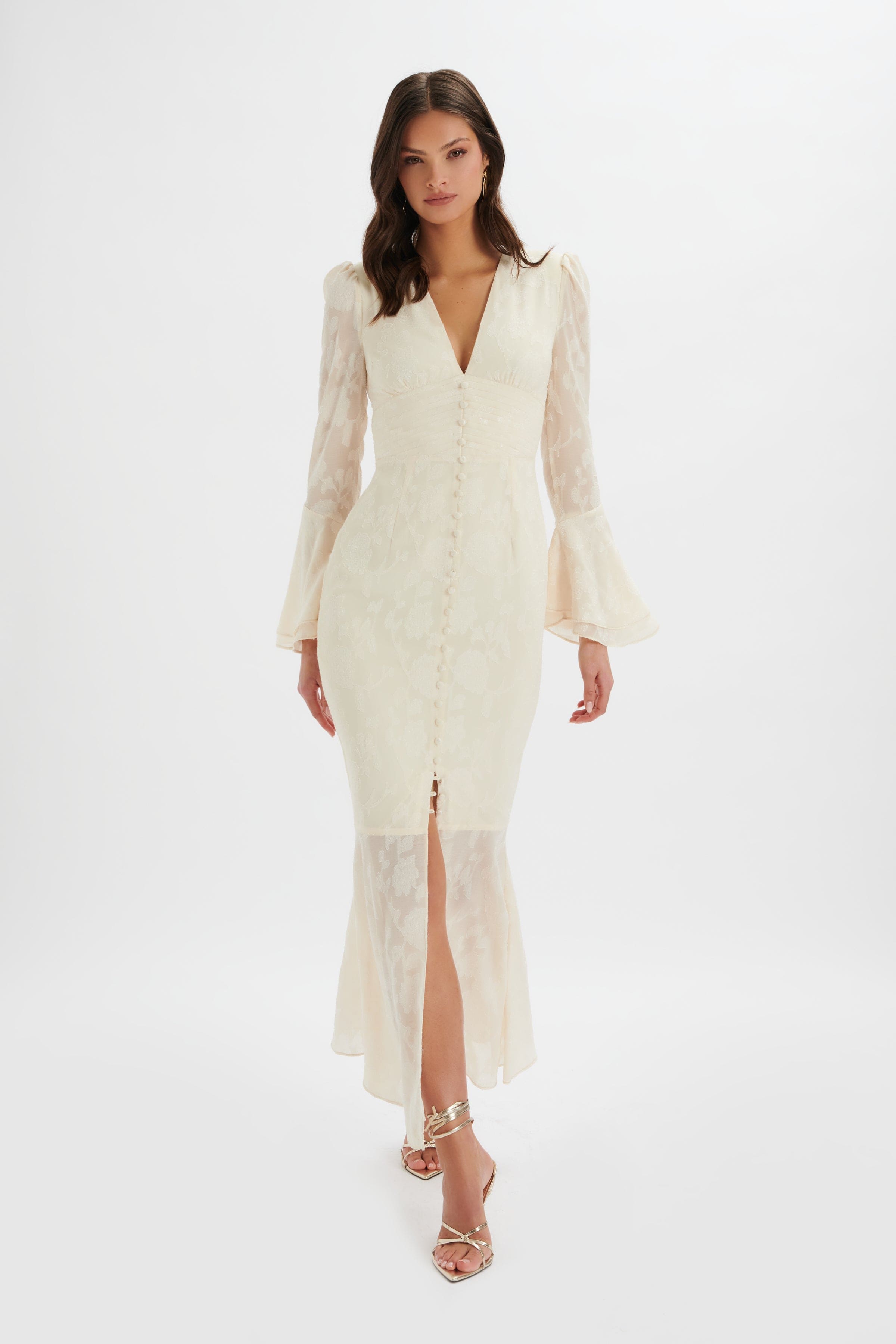 LAUREN Fluted Sleeve Maxi Dress In Cream Floral Textured Chiffon