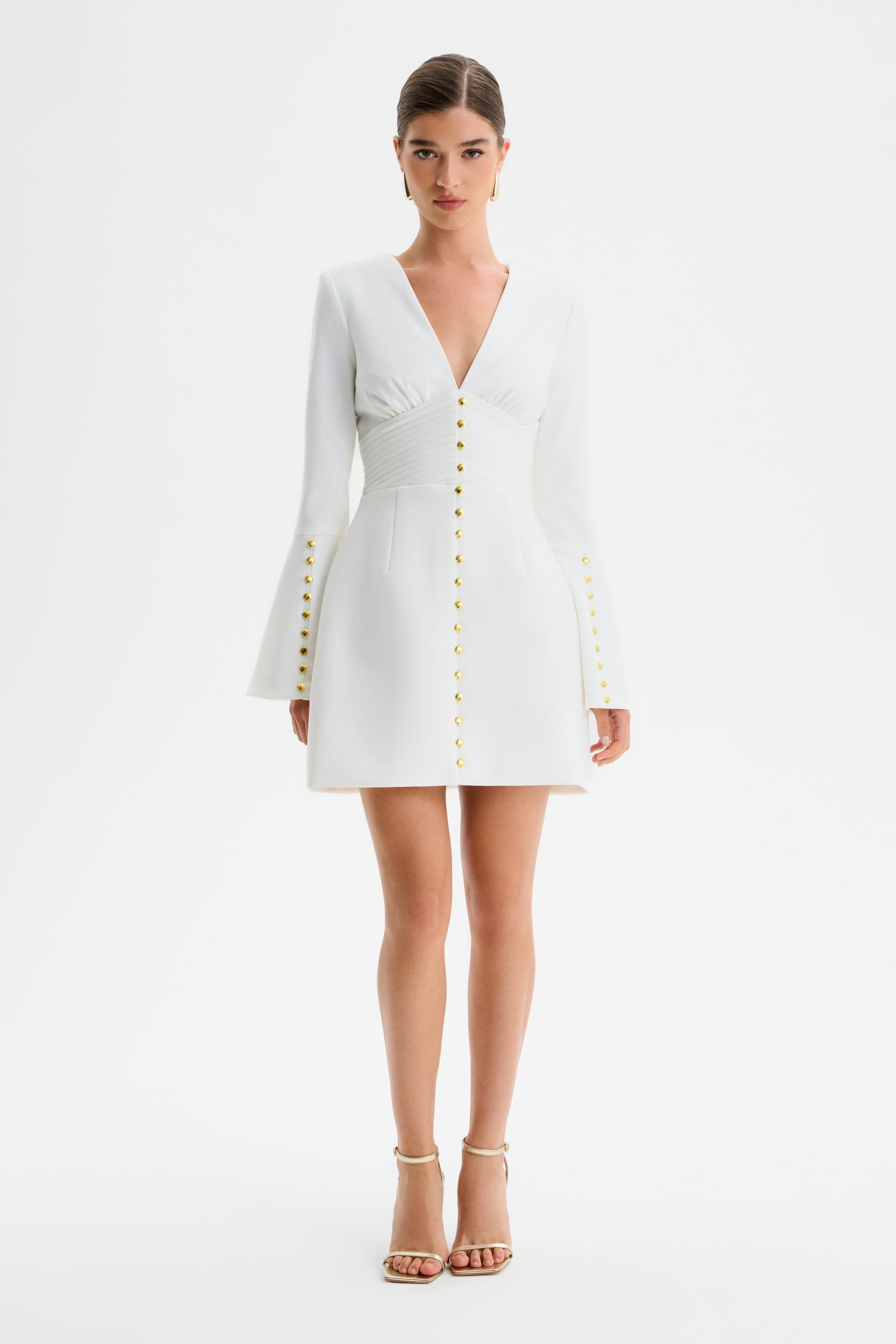 LARA Fluted Sleeve Micro Shell Button Mini Dress in White