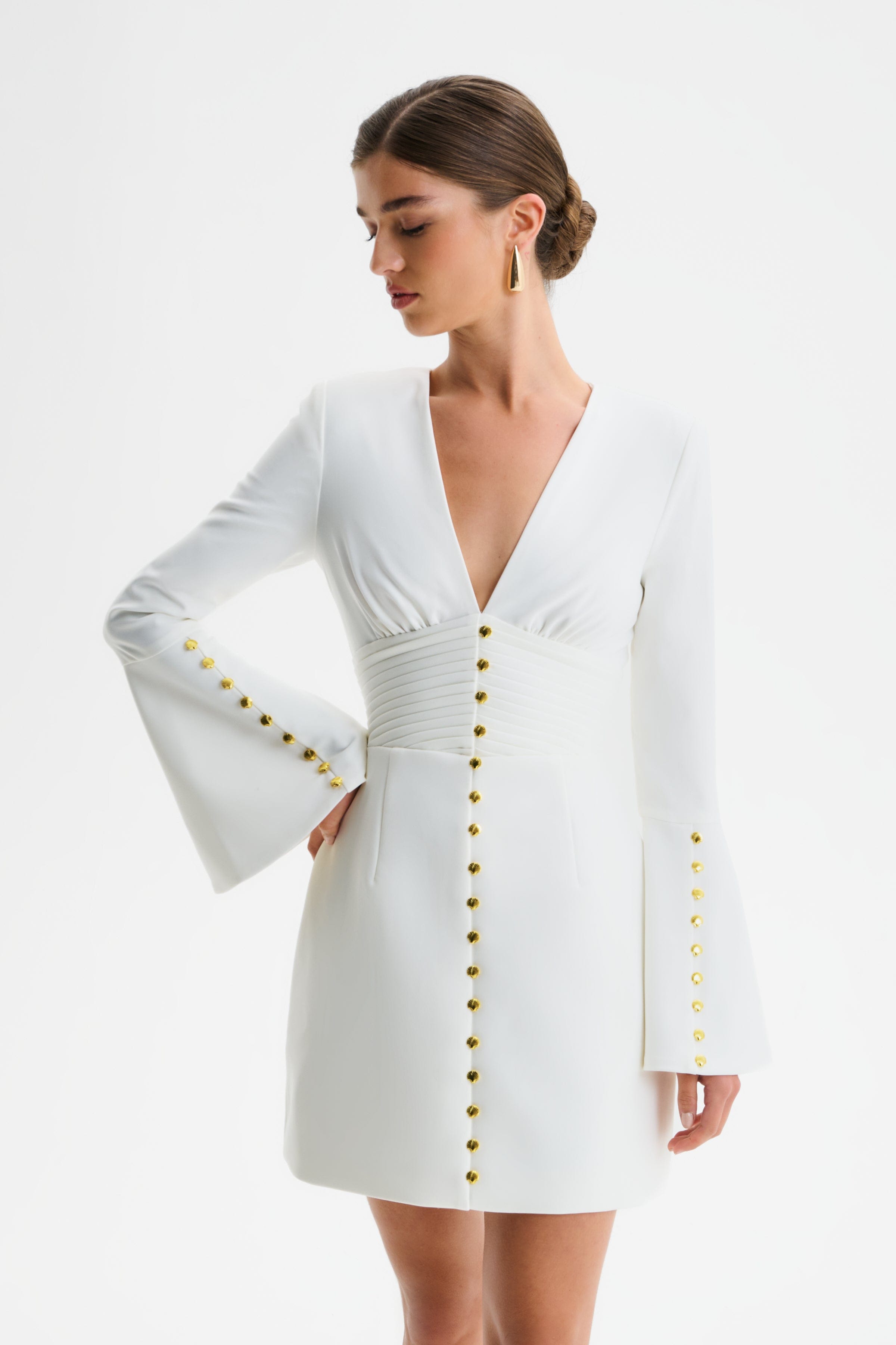LARA Fluted Sleeve Micro Shell Button Mini Dress in White