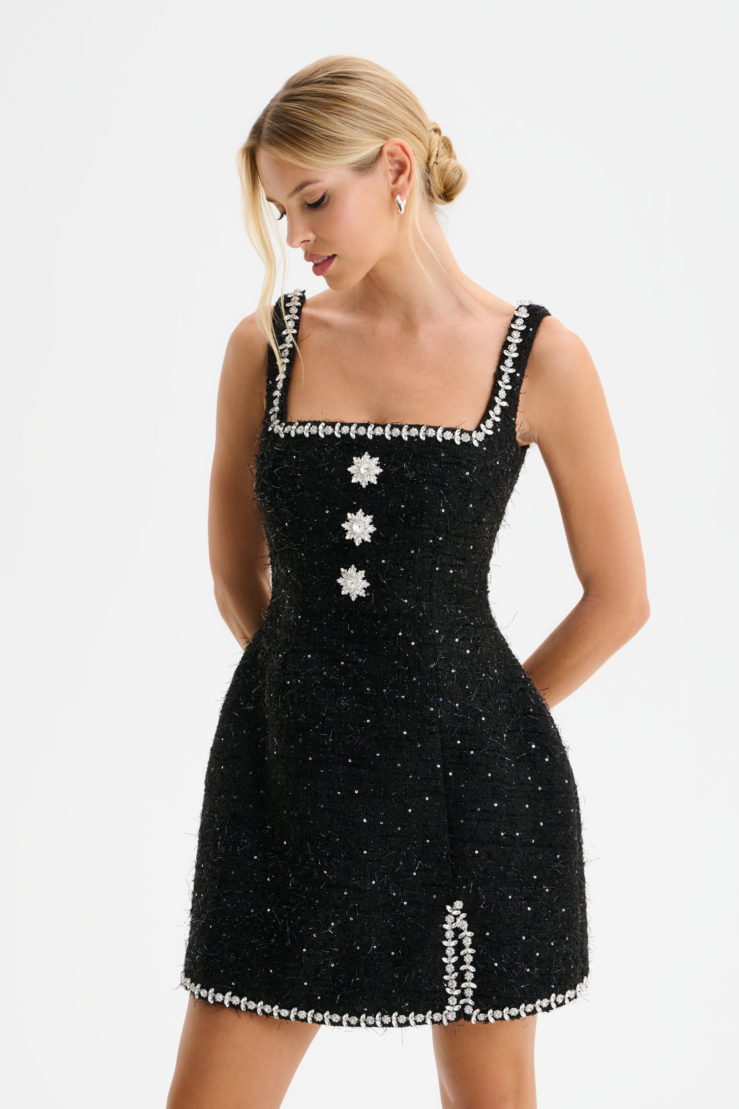 ZOEY Embellished Boucle Tulip Mini Dress in Black