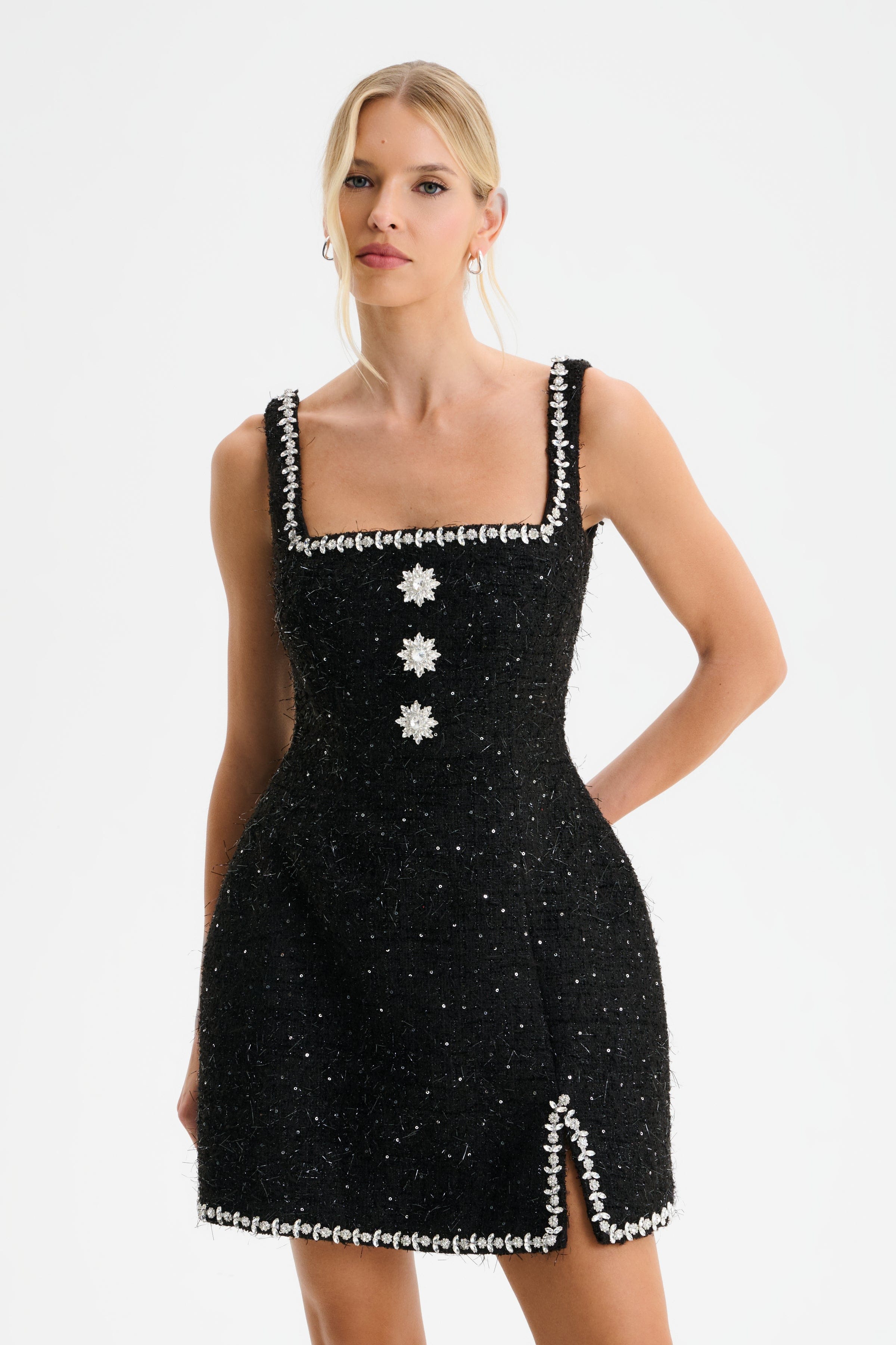 ZOEY Embellished Boucle Tulip Mini Dress in Black