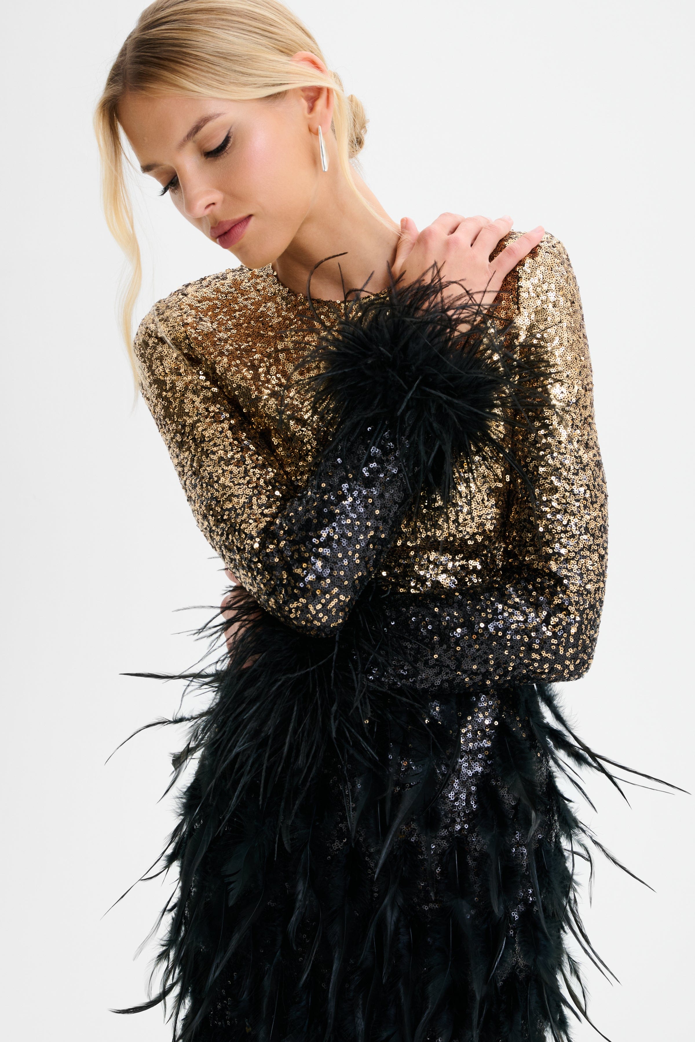 BRIANNA Embellished Feather Mini Dress In Gold and Black Ombre
