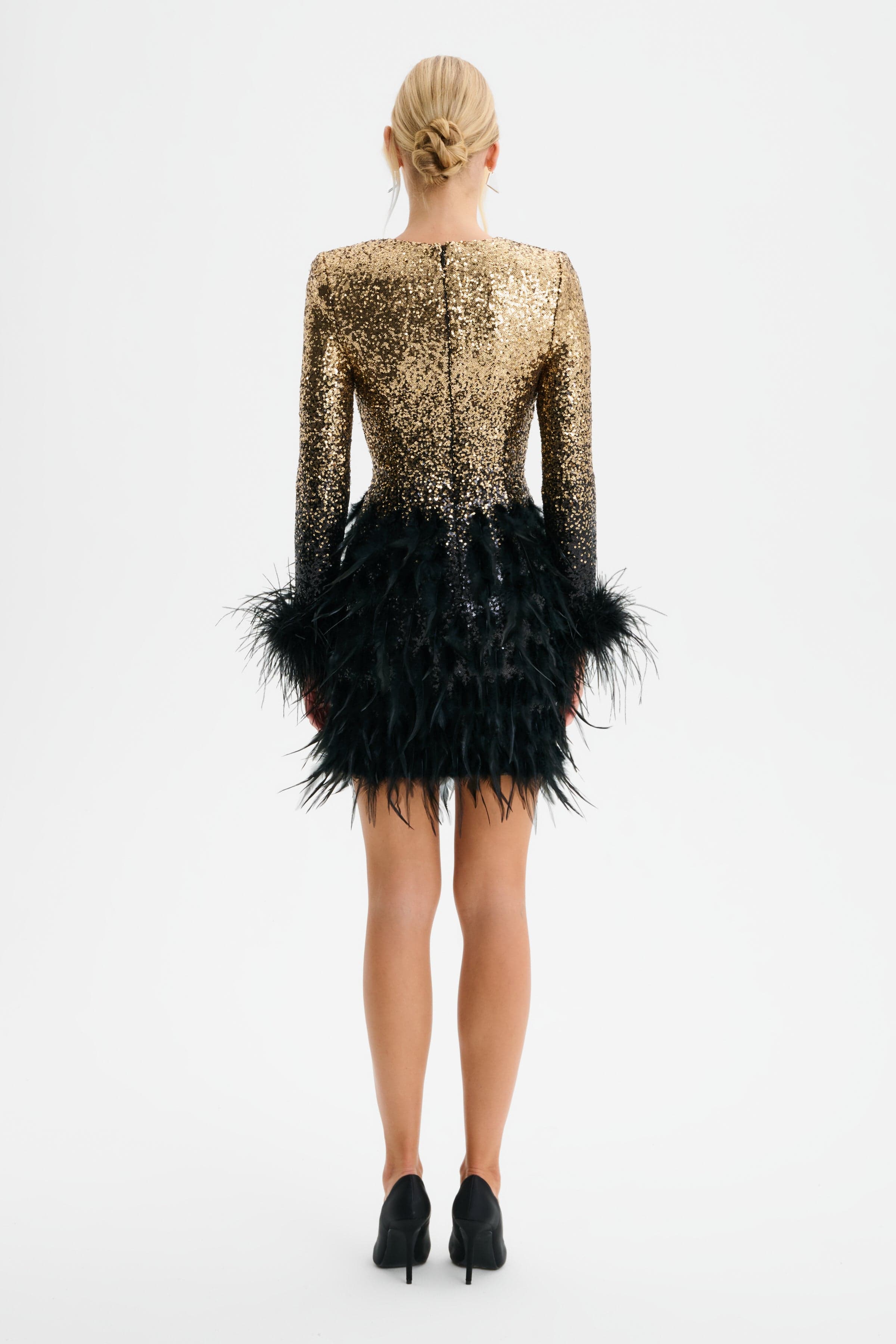 BRIANNA Embellished Feather Mini Dress In Gold and Black Ombre