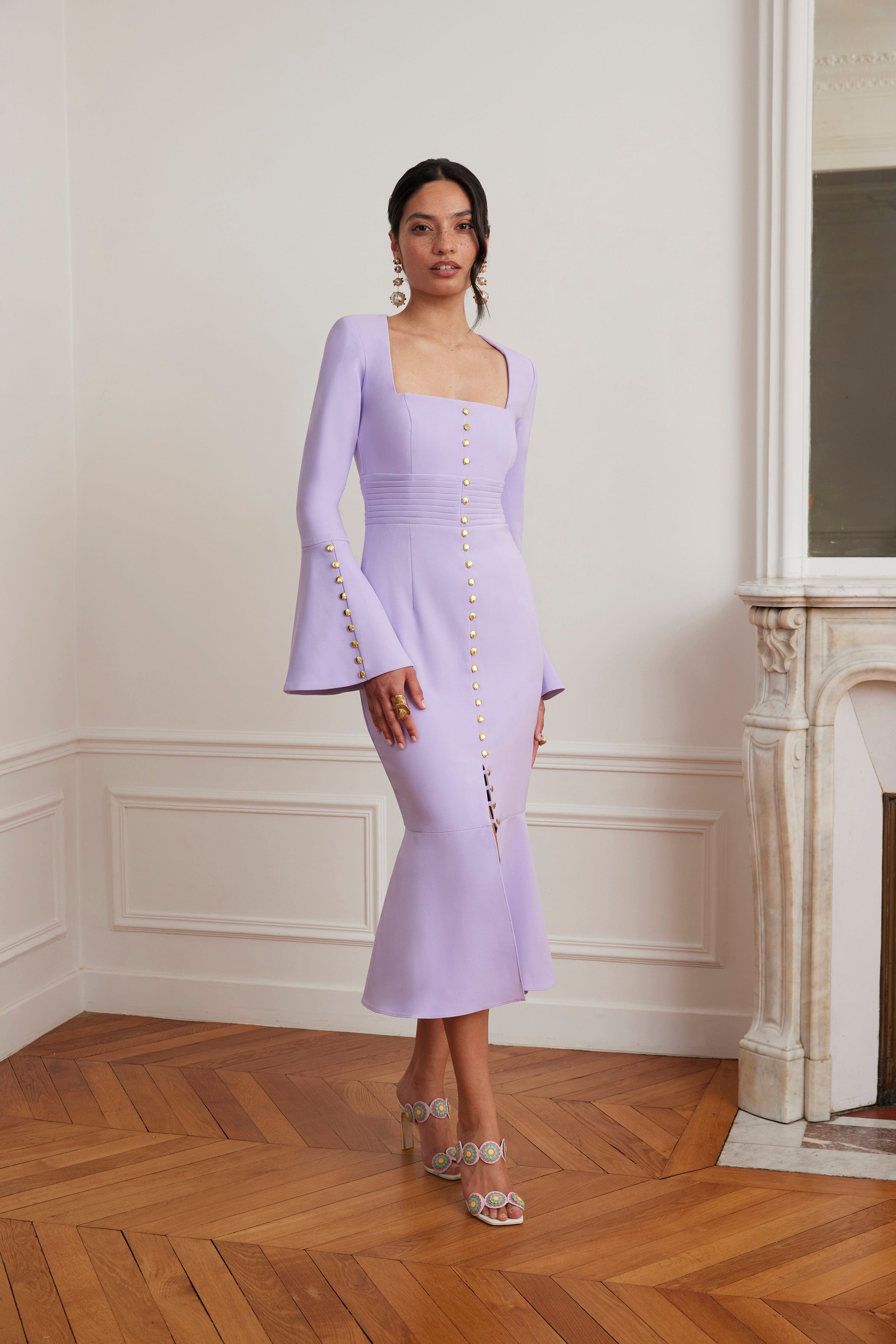 SERENA Fluted Sleeve Micro Shell Button Midi Dress in Purple