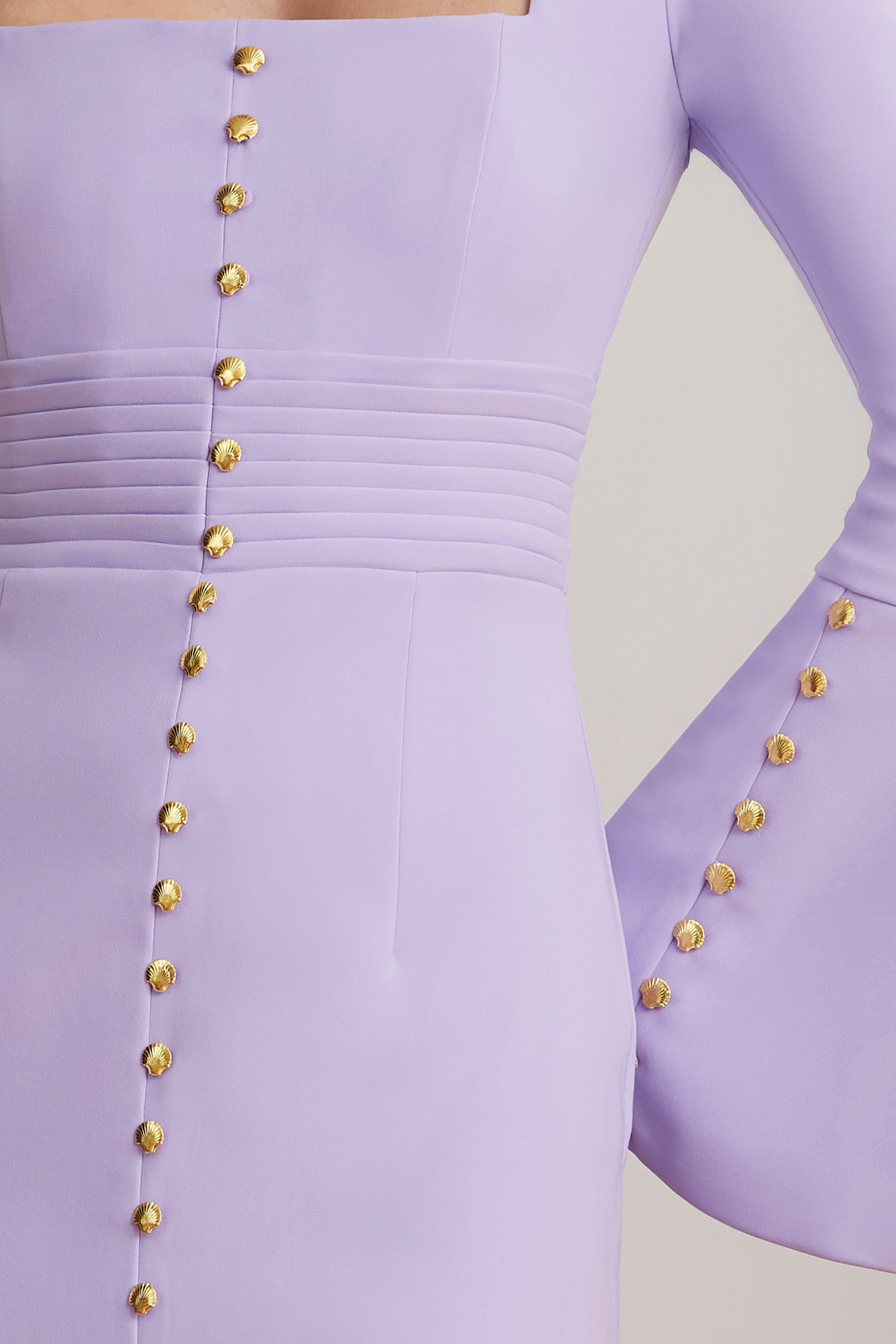 SERENA Fluted Sleeve Micro Shell Button Midi Dress in Purple