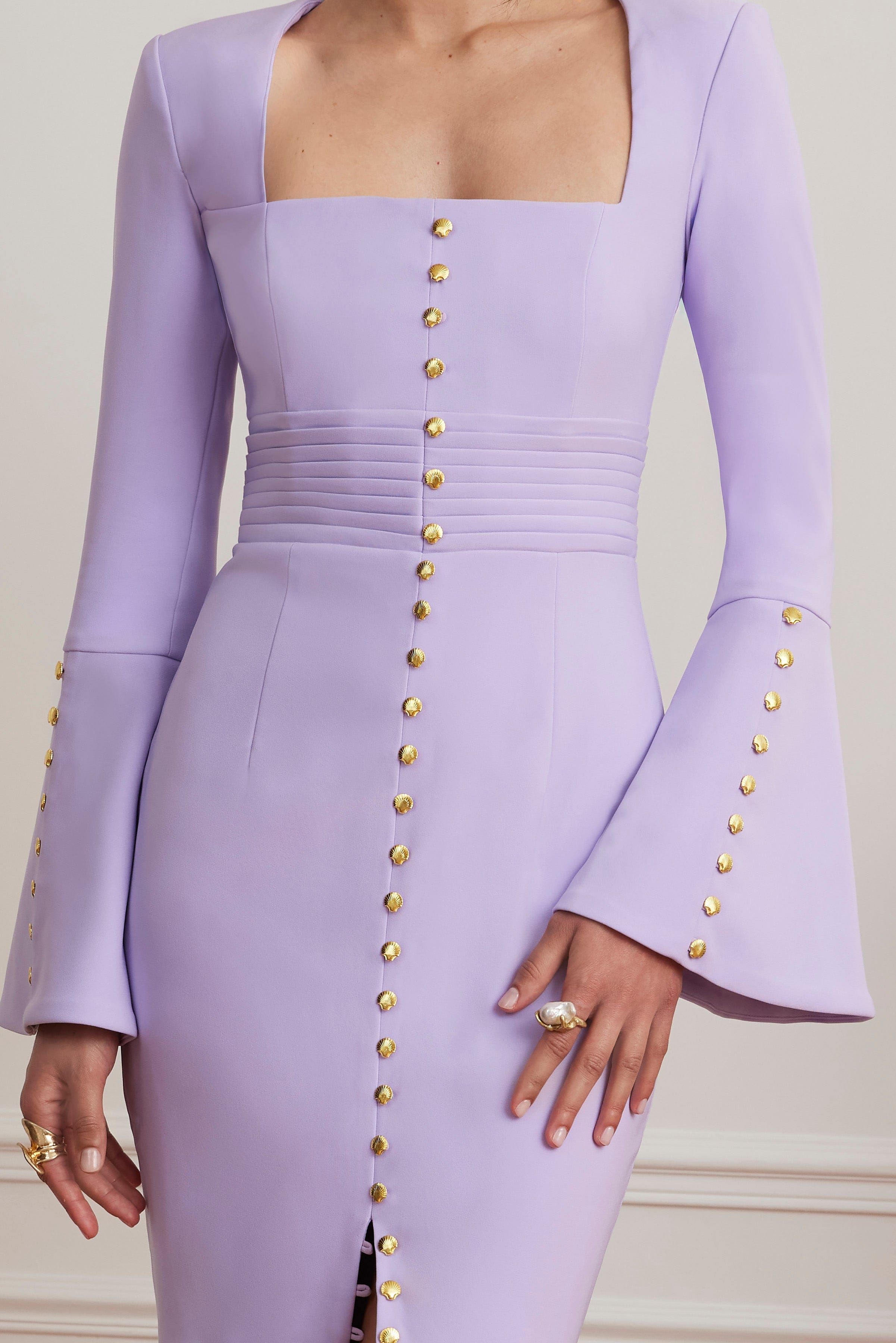 SERENA Fluted Sleeve Micro Shell Button Midi Dress in Purple