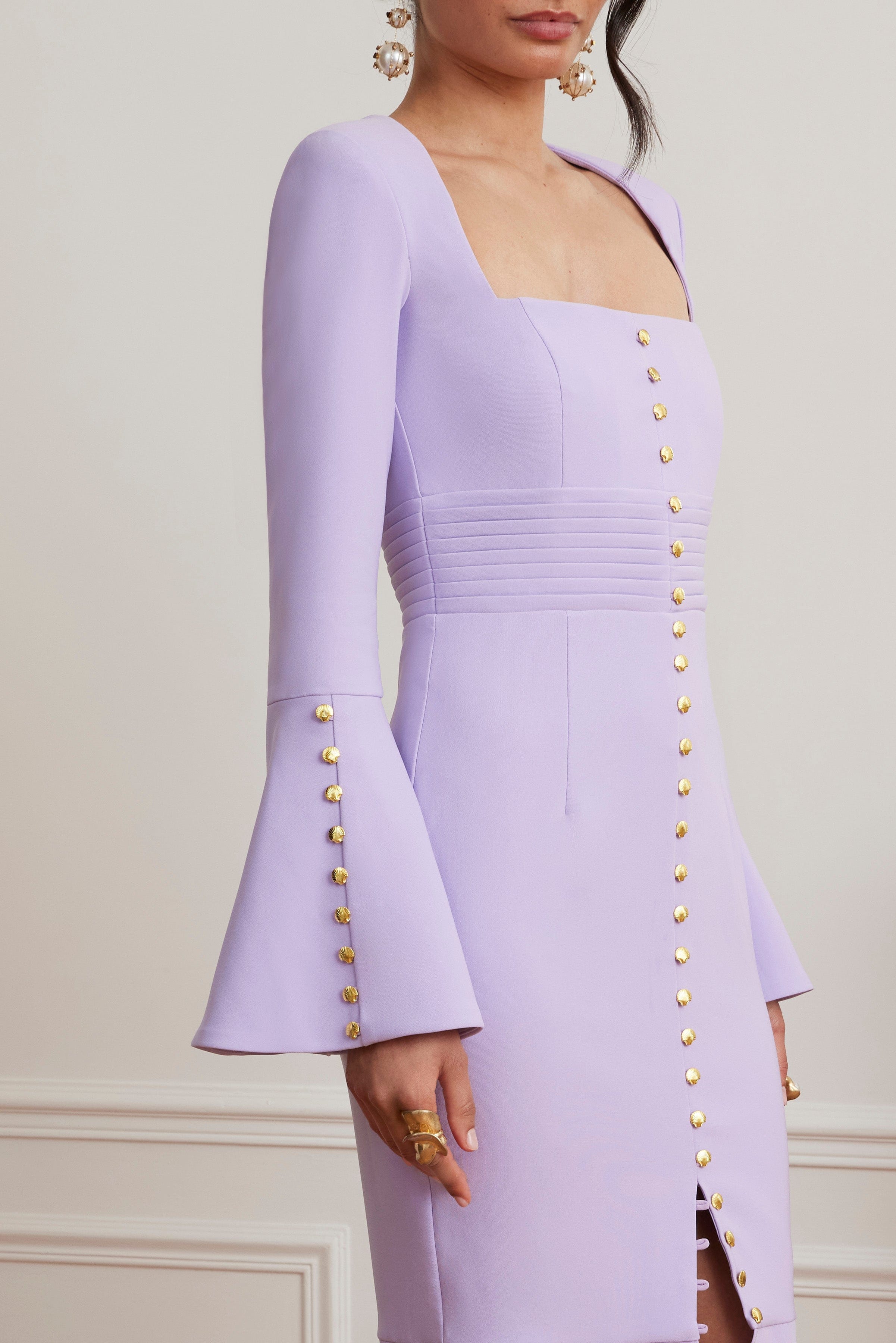 SERENA Fluted Sleeve Micro Shell Button Midi Dress in Purple