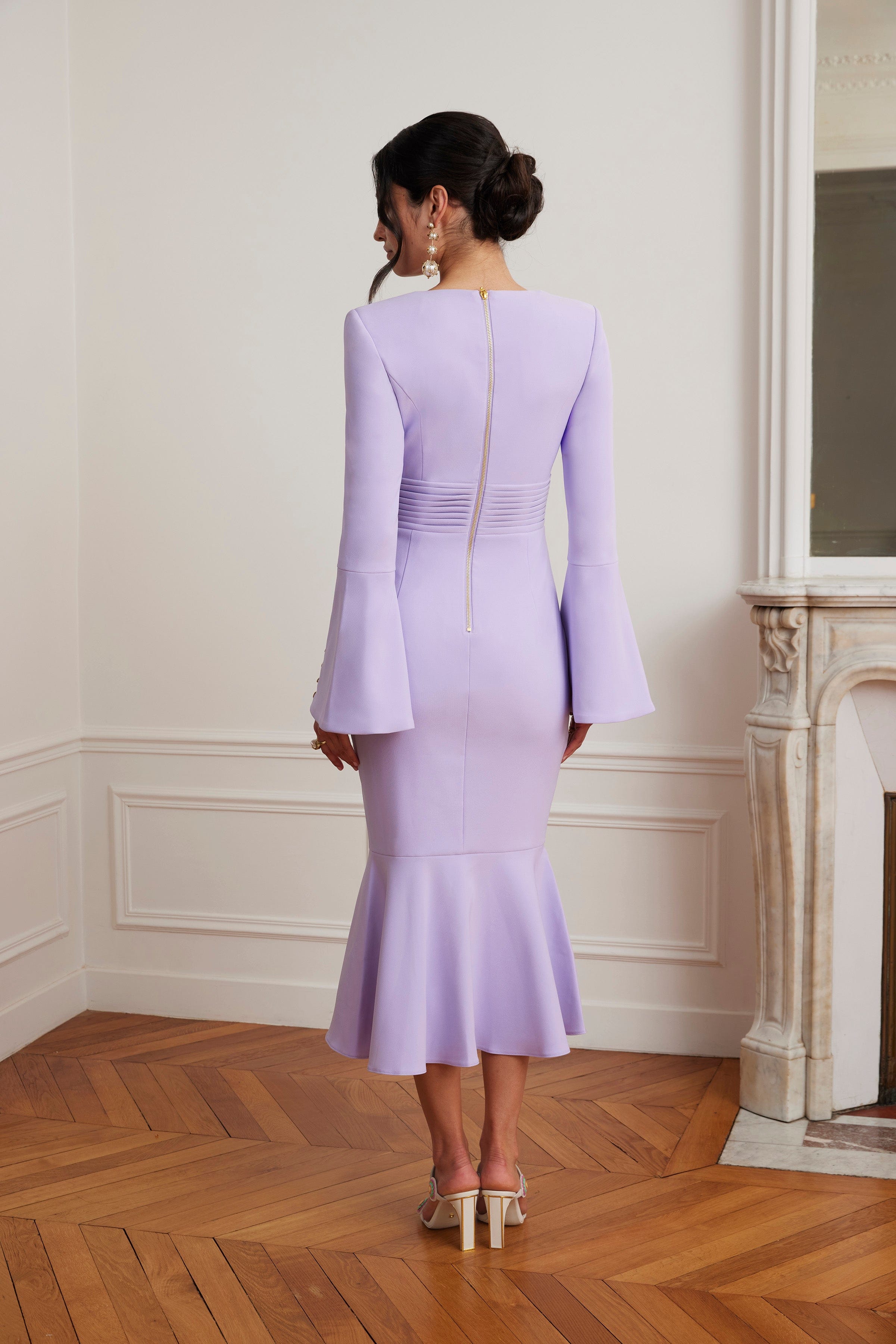 SERENA Fluted Sleeve Micro Shell Button Midi Dress in Purple