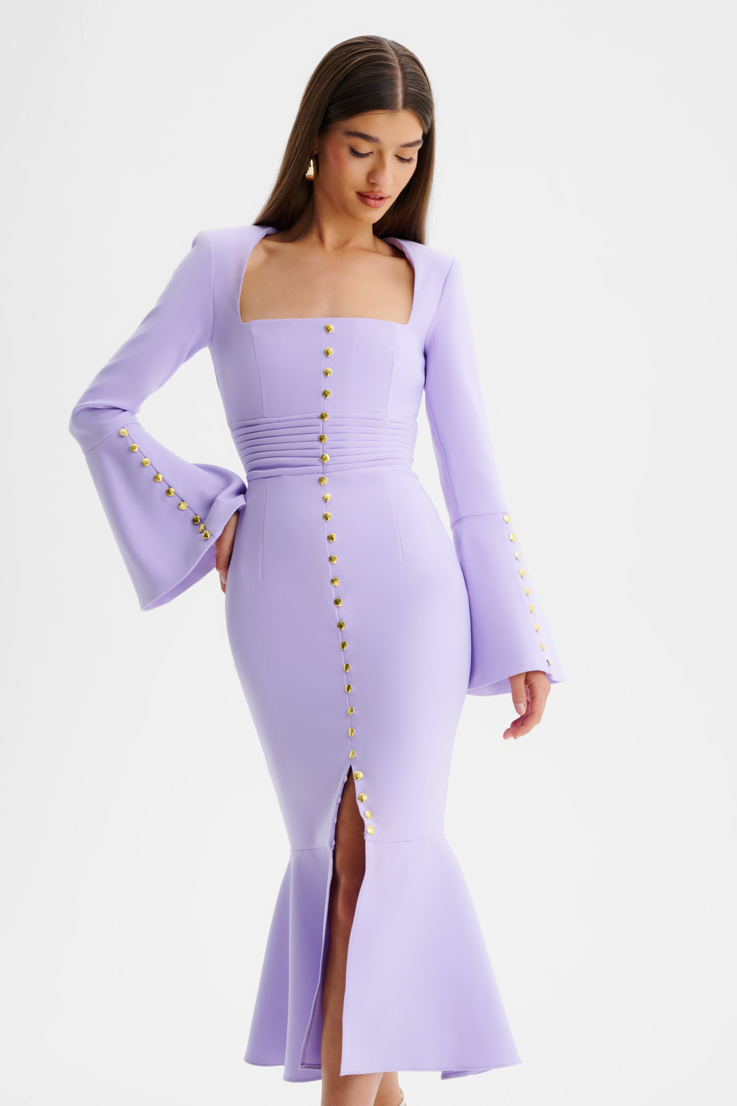 SERENA Fluted Sleeve Micro Shell Button Midi Dress in Purple
