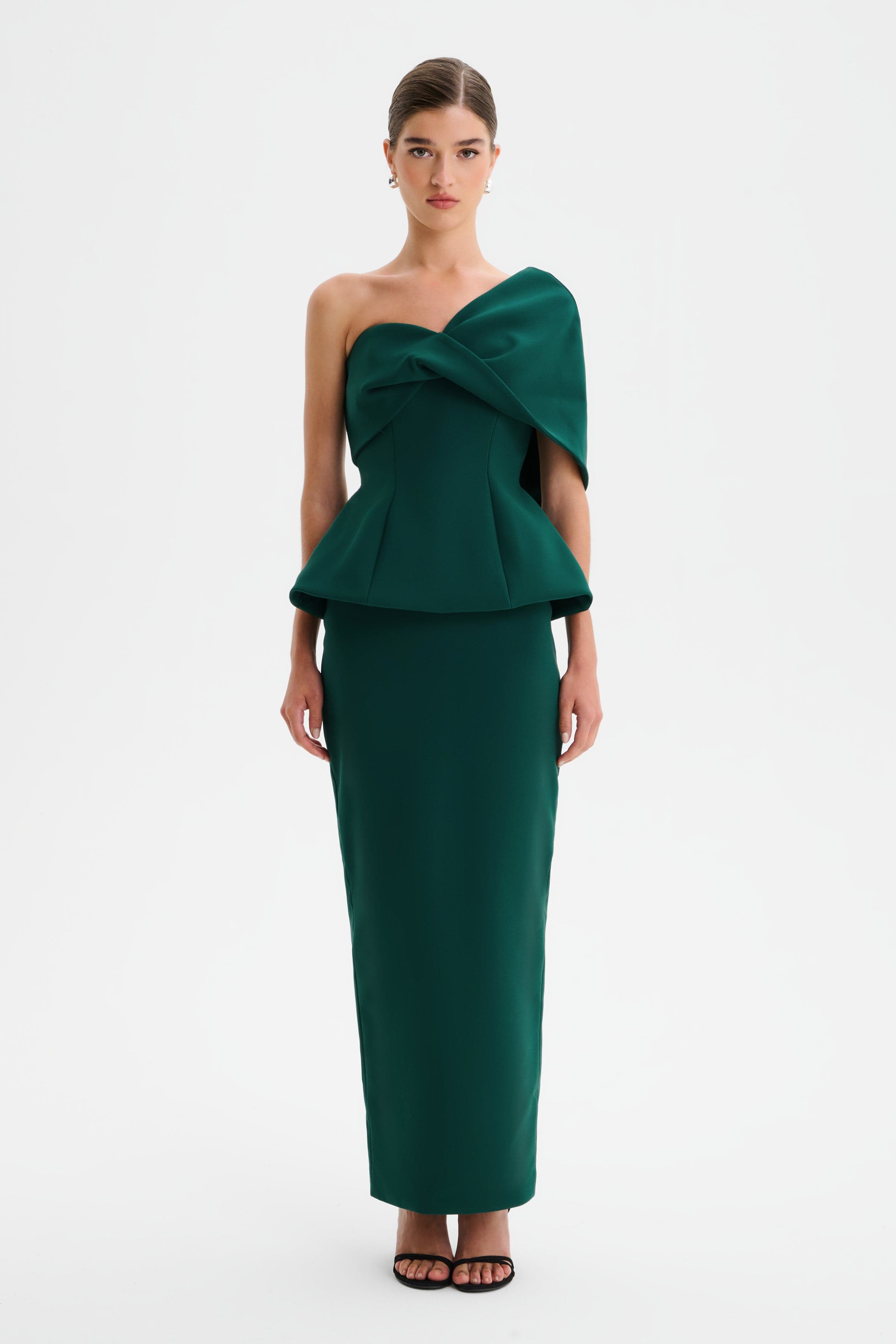 GIOVANNA Twisted Cape Shoulder Maxi Dress in Emerald Green