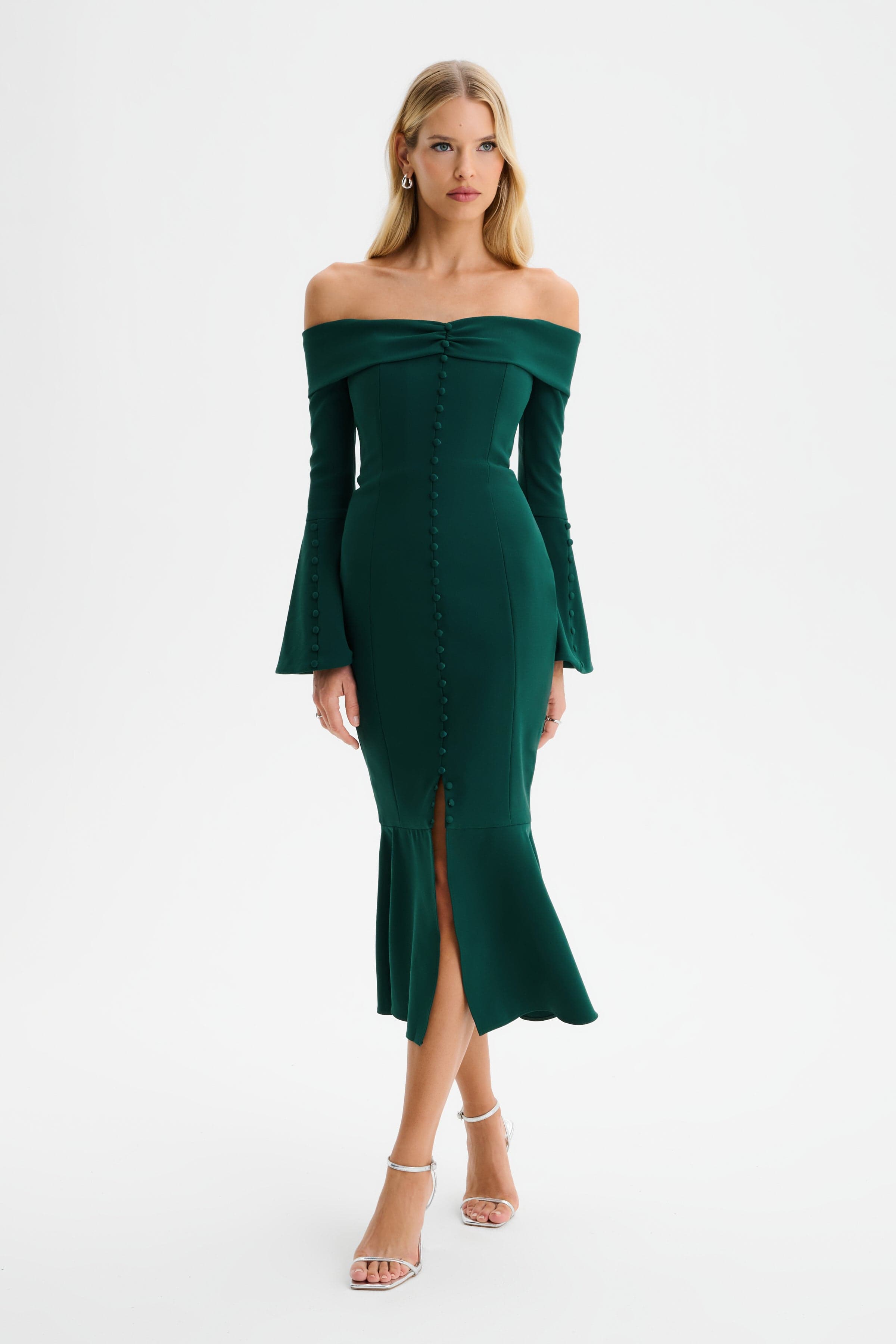CIARA Off Shoulder Micro Button Midi Dress in Emerald Green
