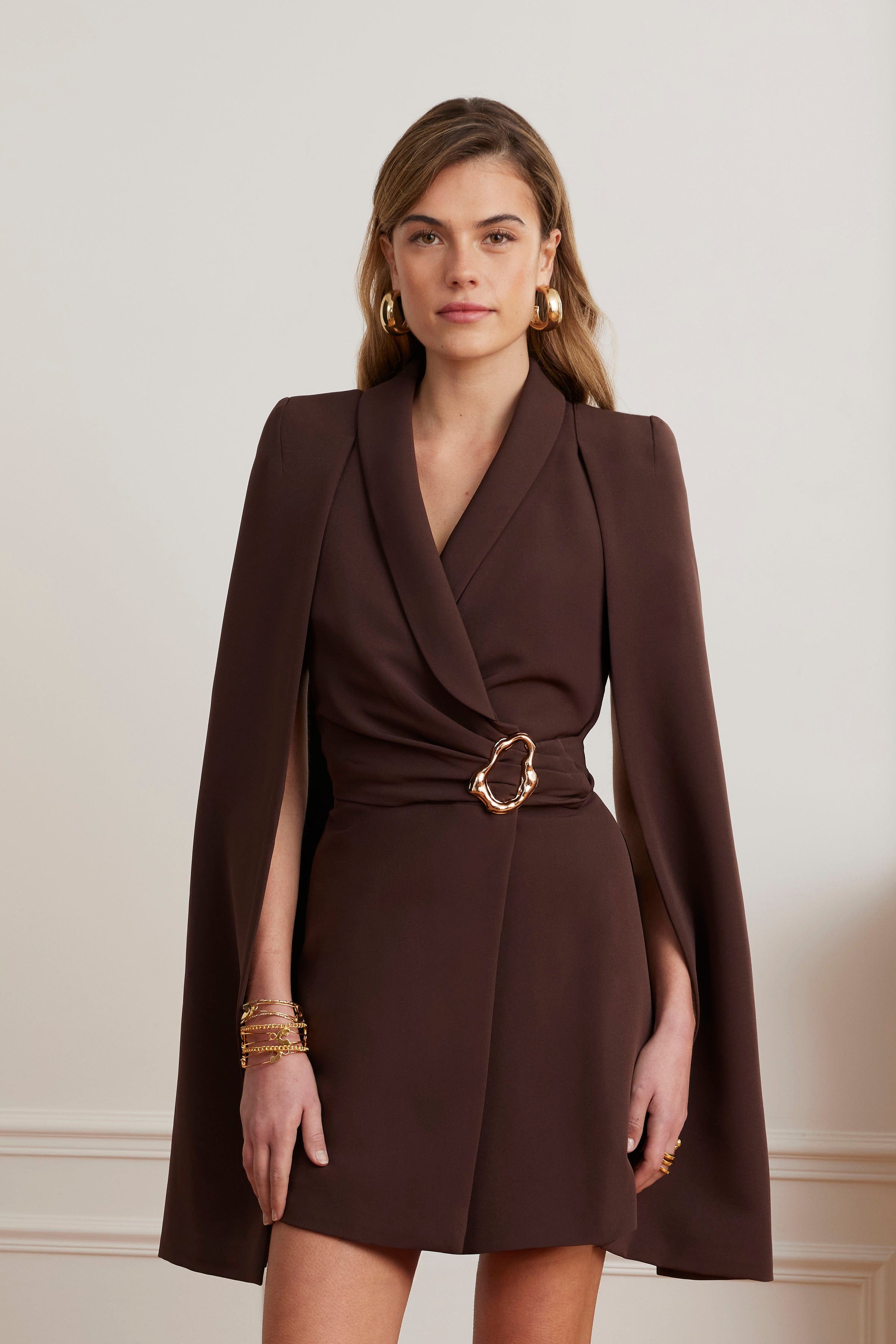 ALEXANDRA Cape Sleeve Self Wrap Mini Dress In Dark Brown