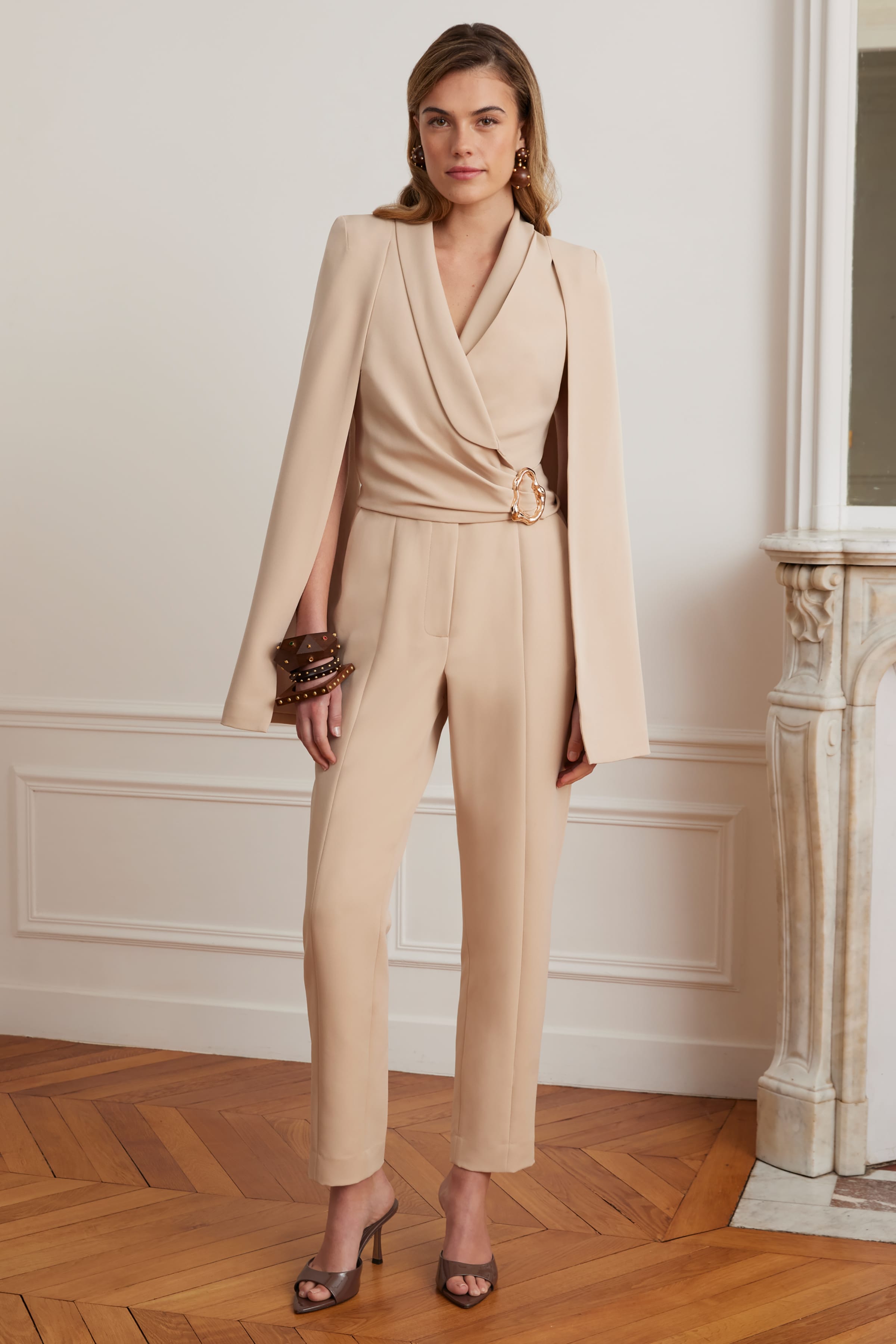 LILIA Cape Sleeve Self Wrap Tailored Jumpsuit In Sand