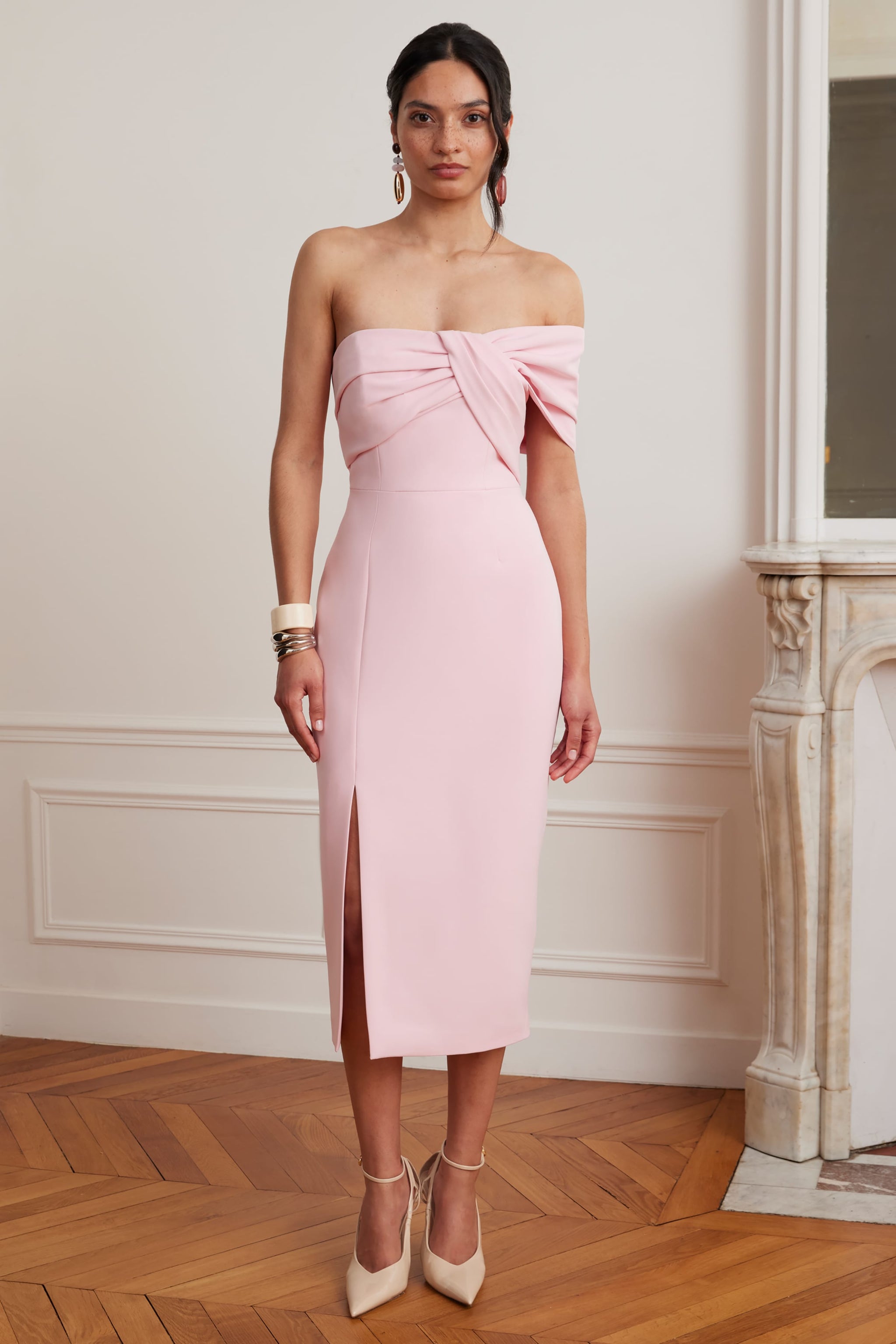 pink off shoulder midi dress Plus Off Shoulder Midi Dress BABY PINK / 3X