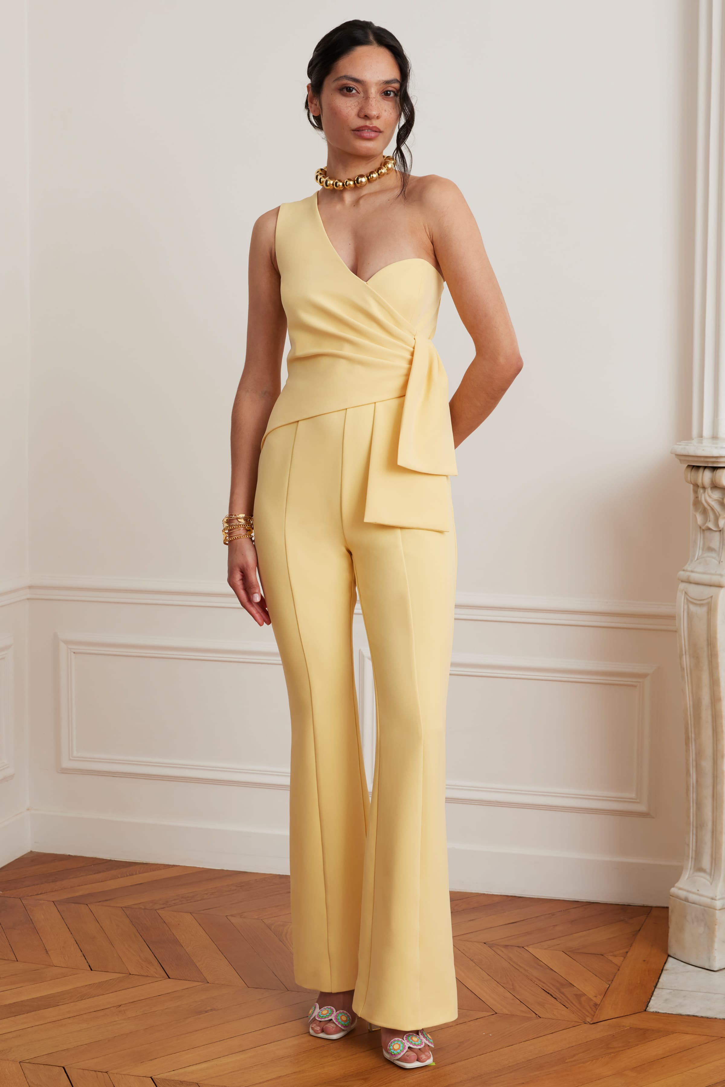 HALLIE One Shoulder Jumpsuit With Bow Detail In Yellow