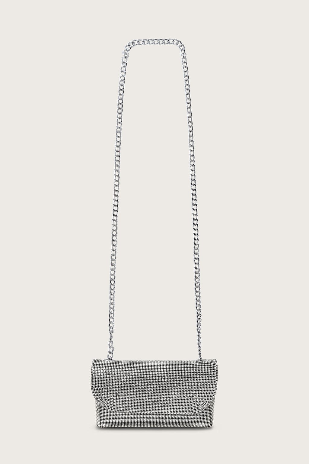 EMMIE Embellished Diamante Mini Bag in Silver Chainmail