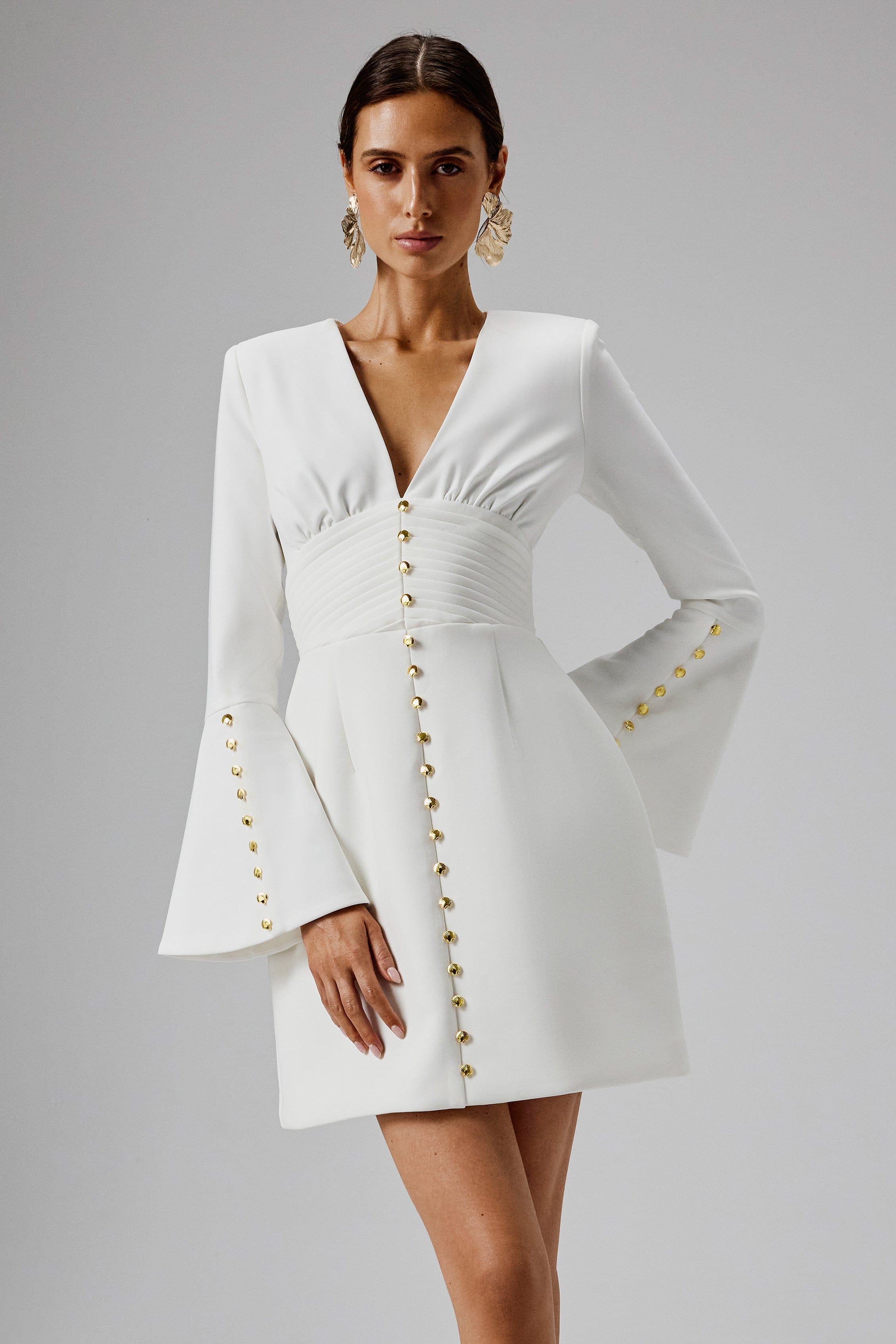 LARA Fluted Sleeve Micro Shell Button Mini Dress in White
