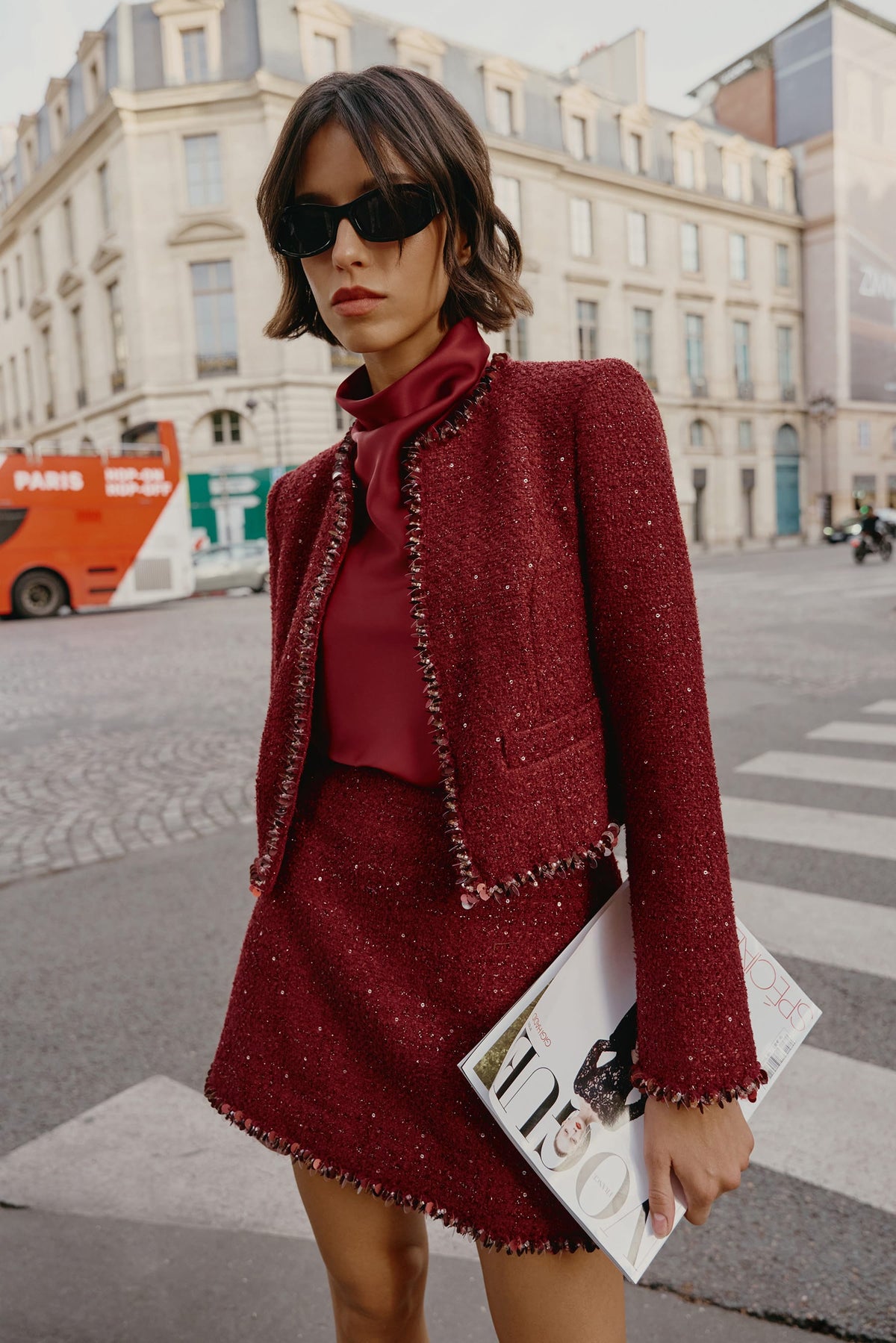 HATTIE Embellished Boucle Jacket in Burgundy