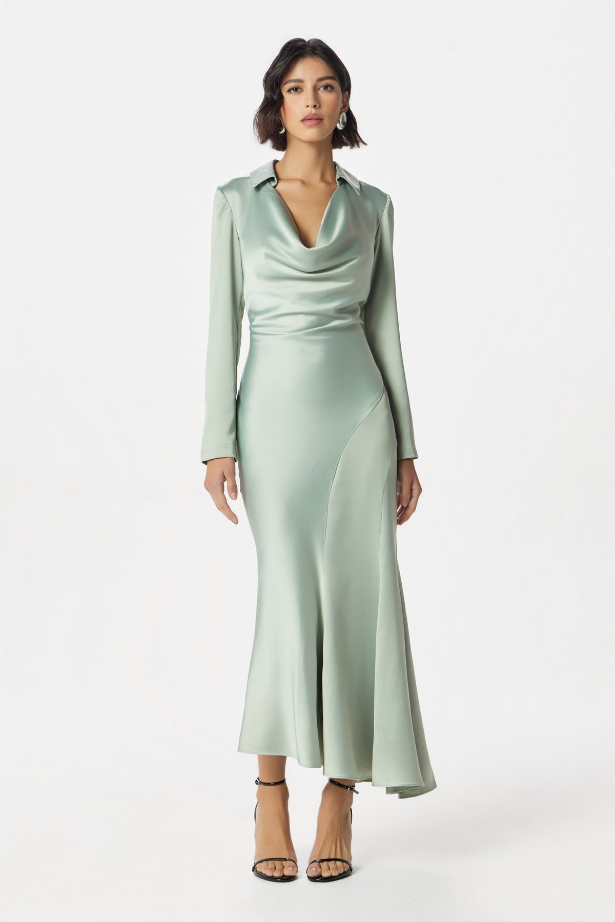 AURELIAH Satin Midi Dress in Sage