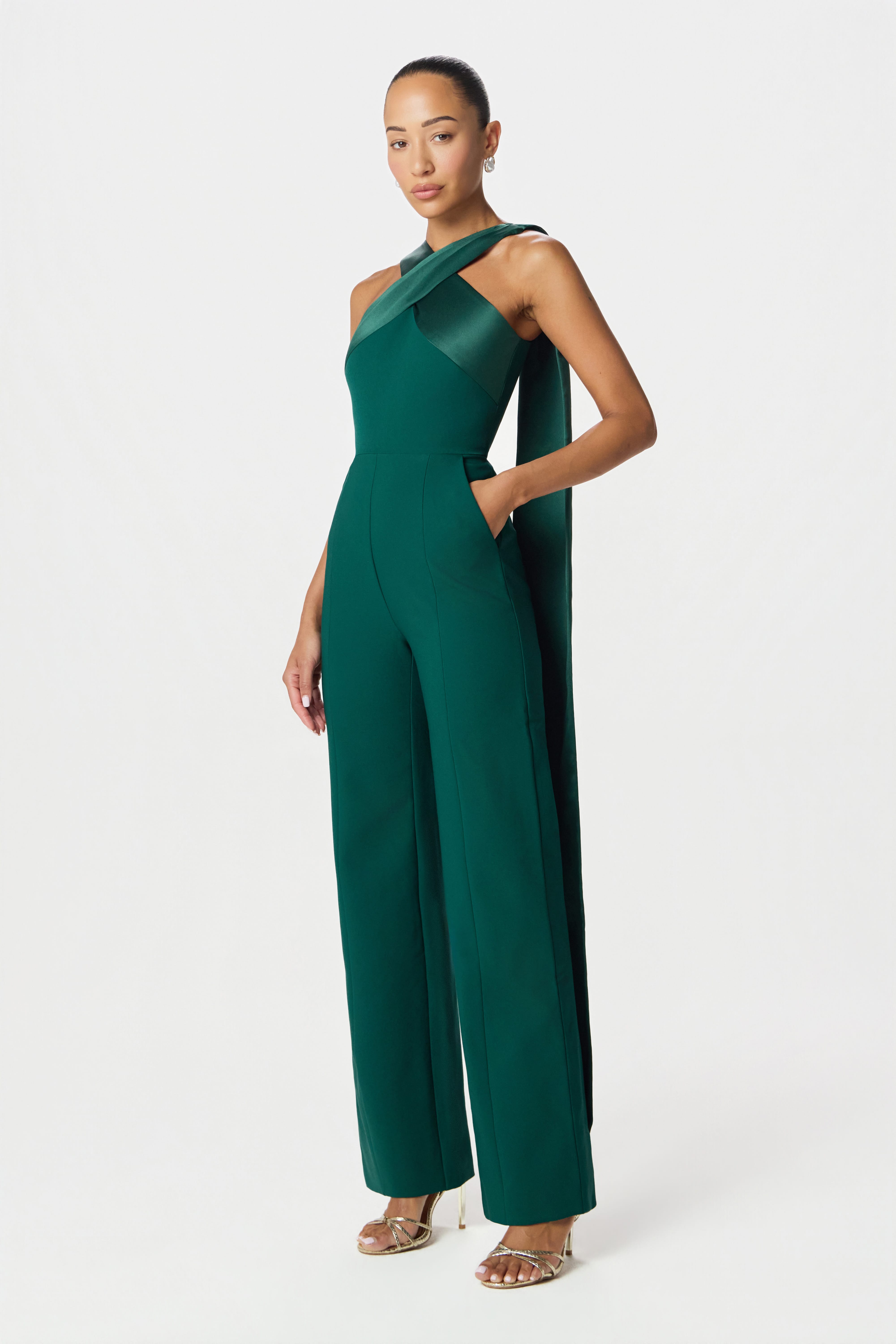 CHANTELLE Cross Neck Straight Leg Jumpsuit with Satin Drape in Emerald