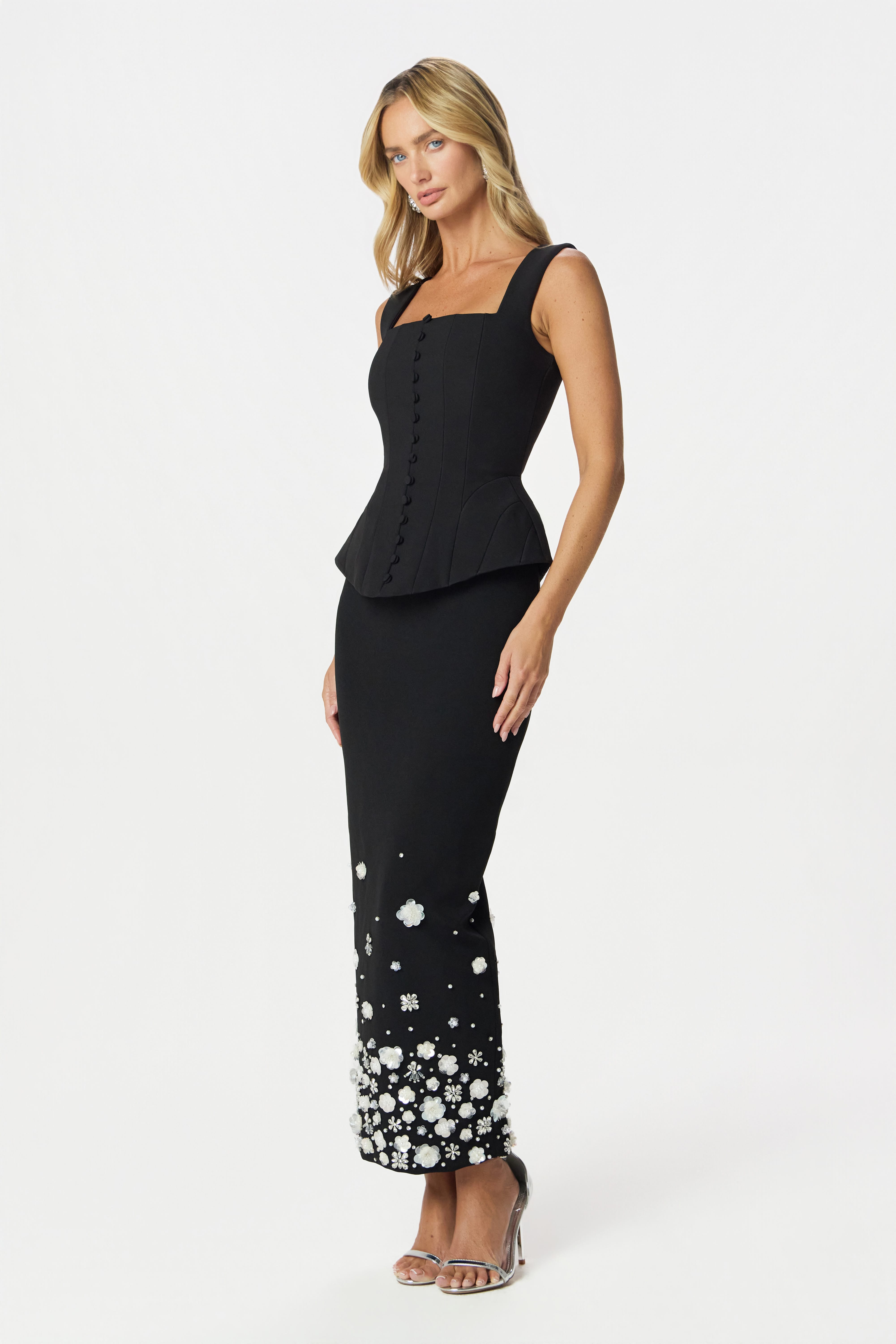 ELARA Ombre Embellished Maxi Skirt in Black