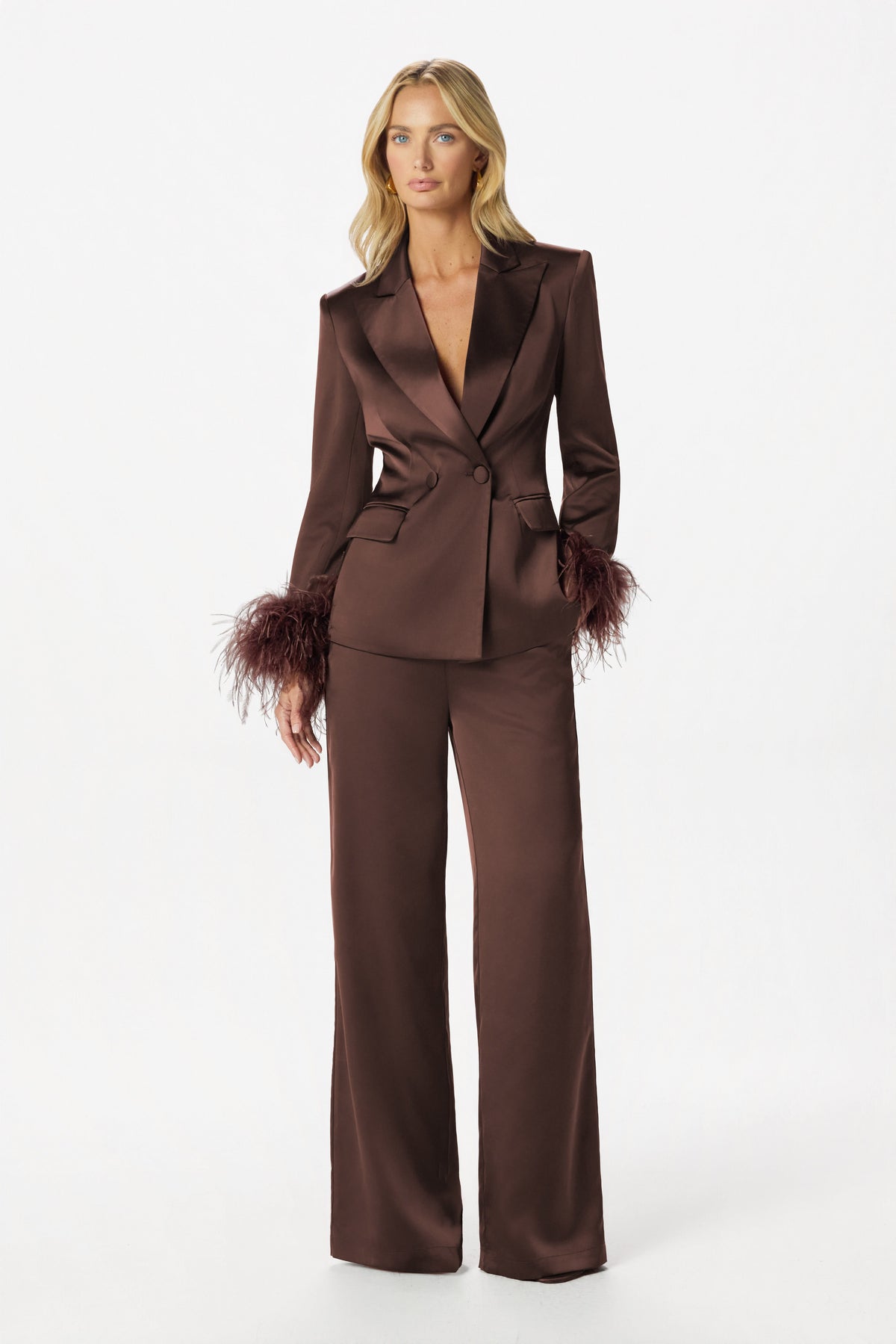 ELLIE Wide Leg Satin Trousers in Dark Brown