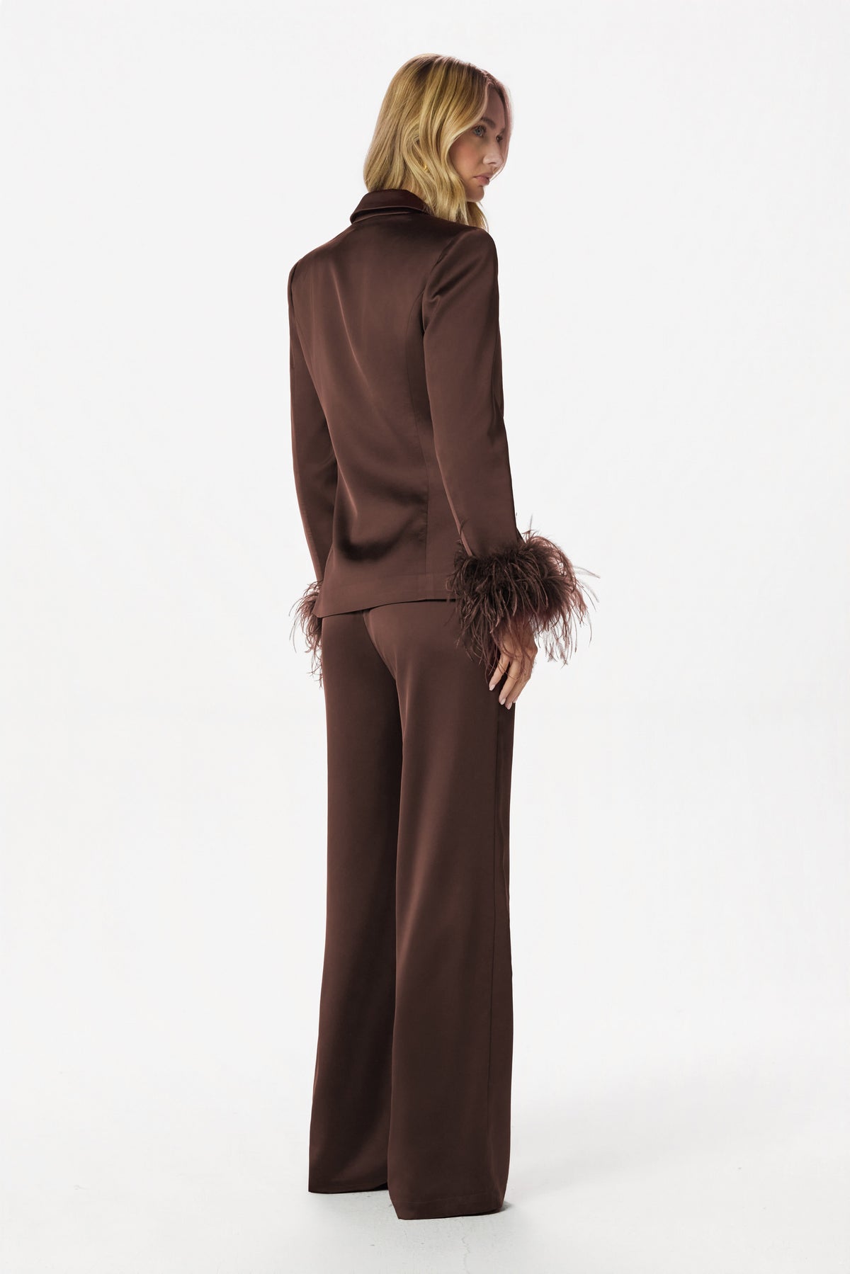 ELLIE Wide Leg Satin Trousers in Dark Brown