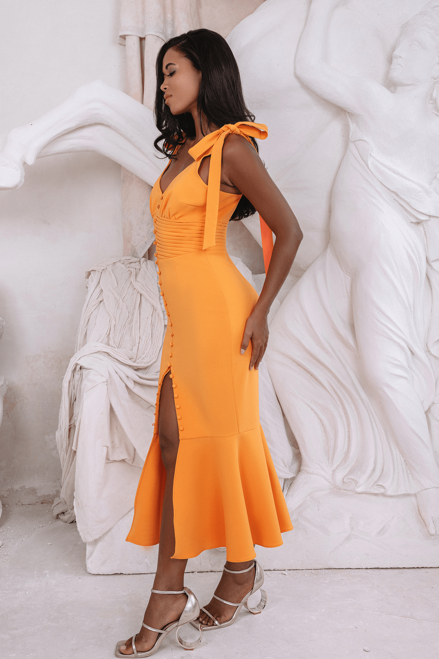 KAMILA Tie Strap Micro Button Midi Dress in Orange