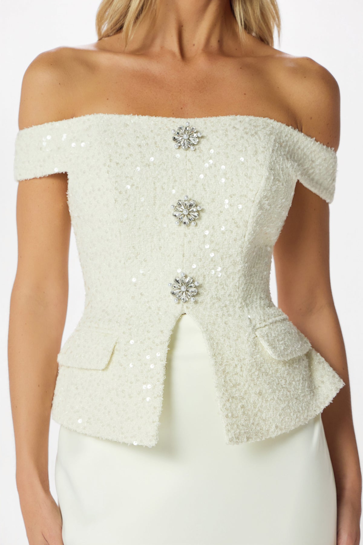 LEILA Embellished Boucle Top in Ivory
