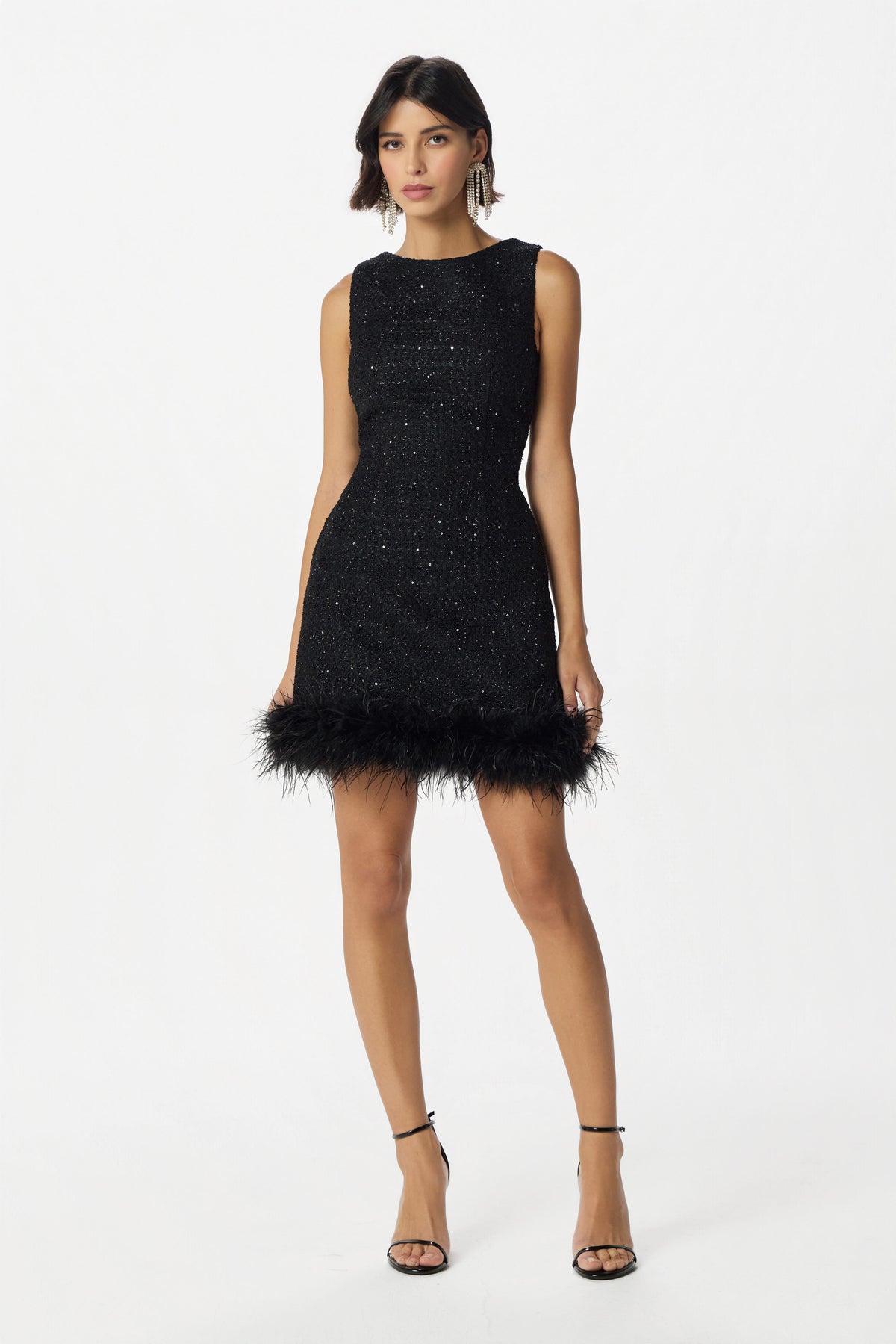 POPPI Boucle Feather Mini Dress in Black
