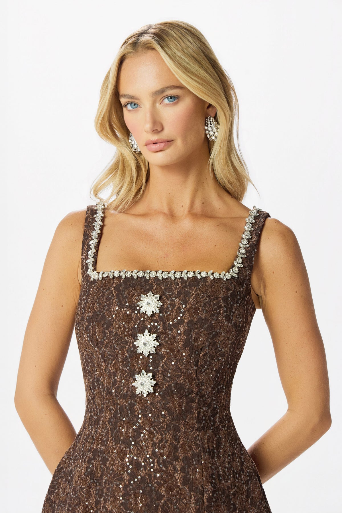 ZOEY Embellished Boucle Mini Dress in Chocolate