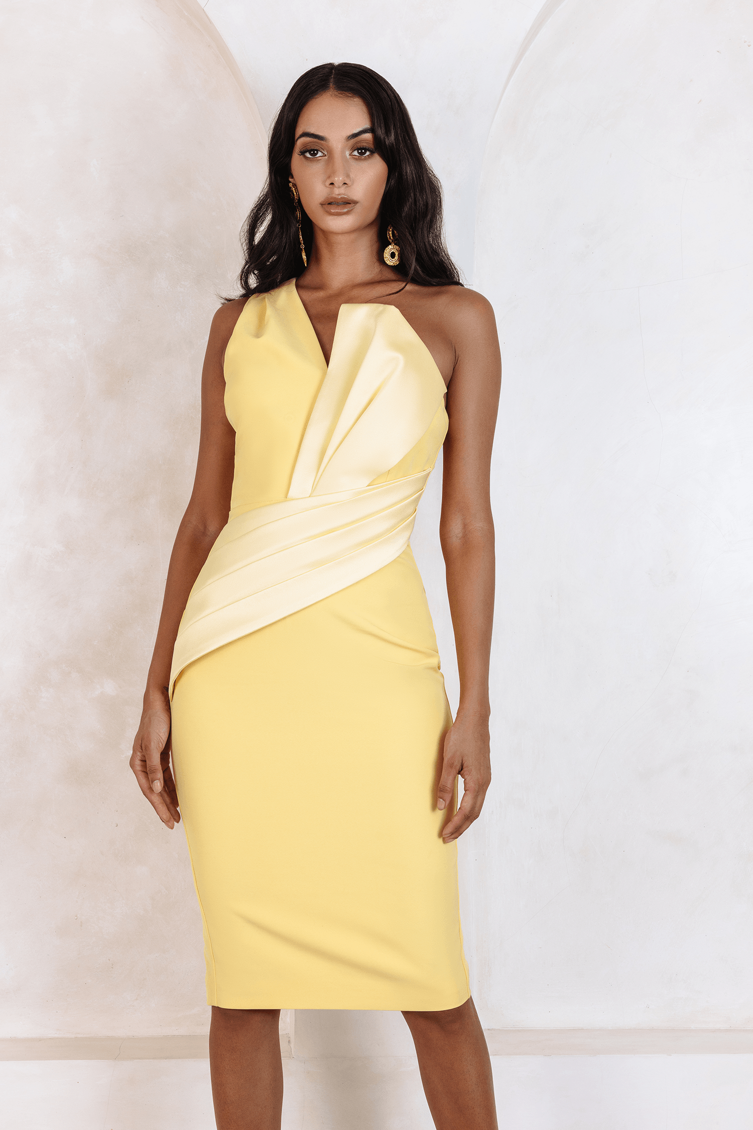 MAYA Satin Contrast Bow Drape Midi Dress In Yellow - Lavish Alice