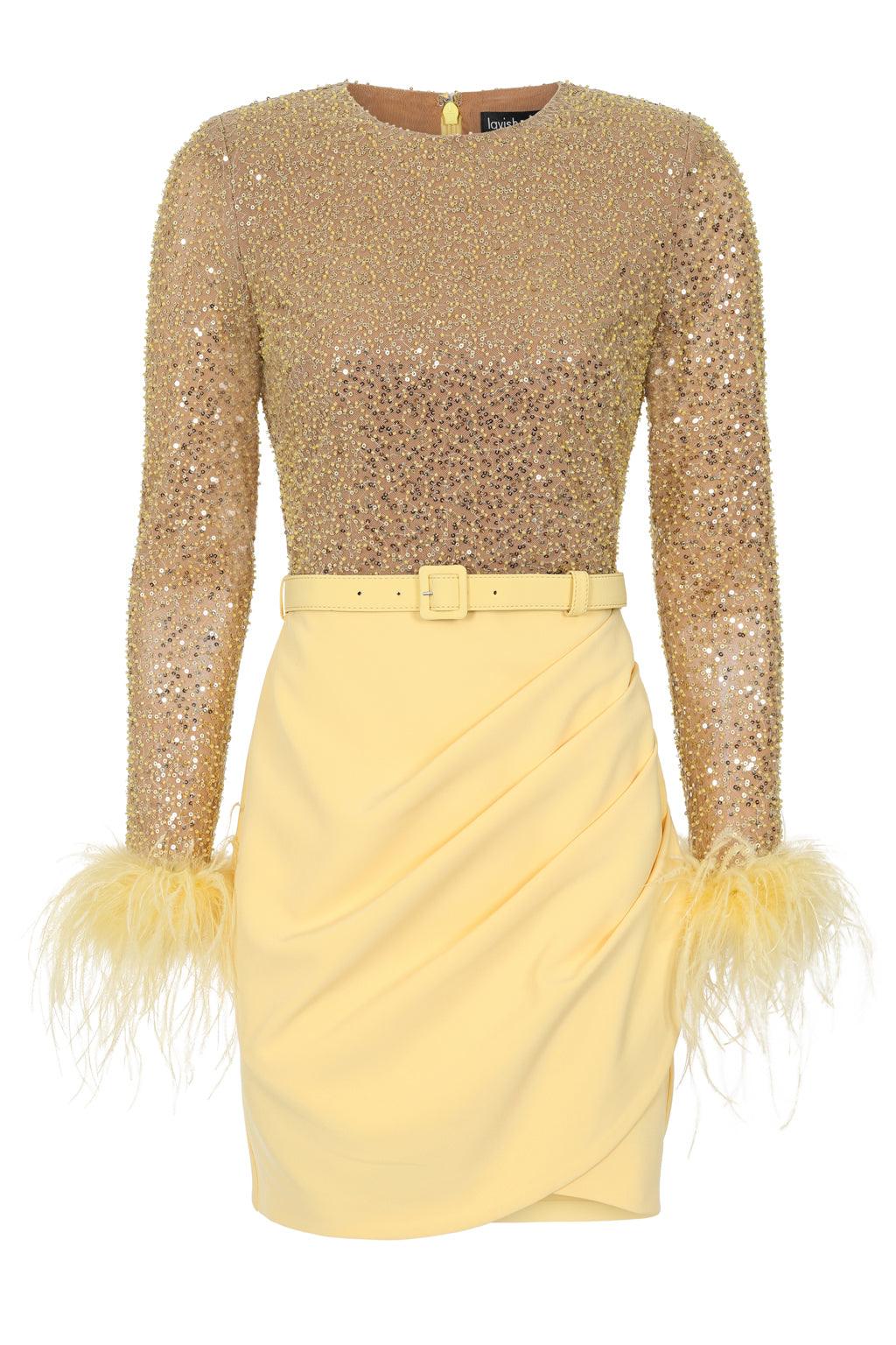 ANNIE Beaded Sequin Mini Dress In Yellow - Lavish Alice