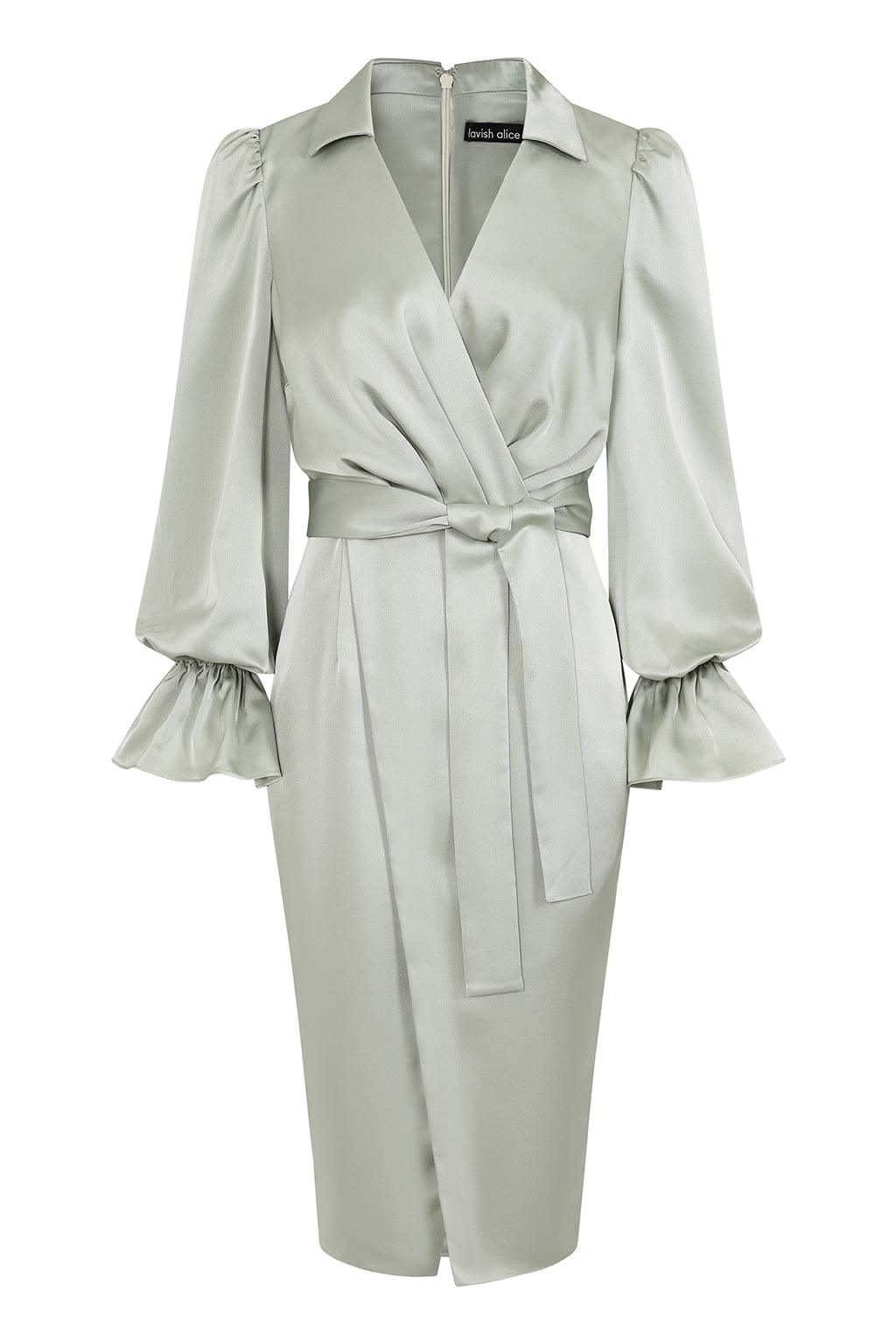 ELISE Satin Wrap Shirt Dress In Sage - Lavish Alice